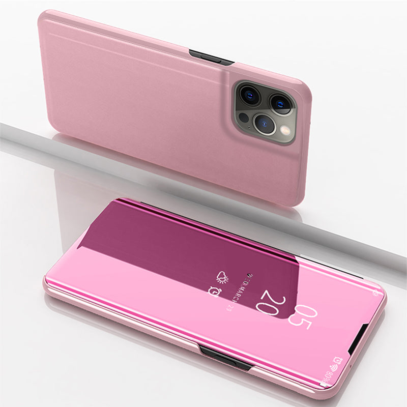Electroplating Mirror Surface Leather Phone Case Stand Shell with View Window for iPhone 13 Pro 6.1 inch