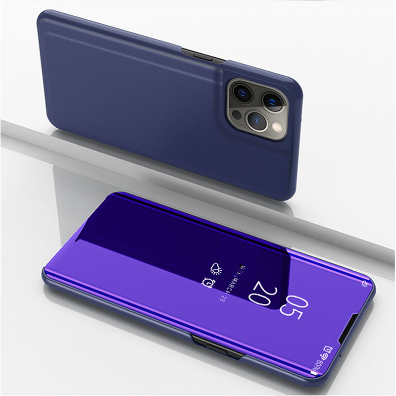 Electroplating Mirror Surface Leather Phone Case Stand Shell with View Window for iPhone 13 Pro 6.1 inch