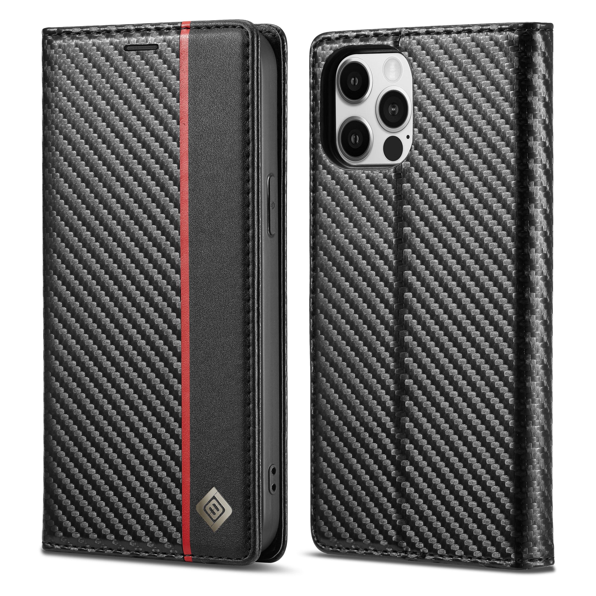 LC.IMEEKE Wallet Stand Leather Case Carbon Fiber Texture Phone Cover for iPhone 13 Pro 6.1 inch