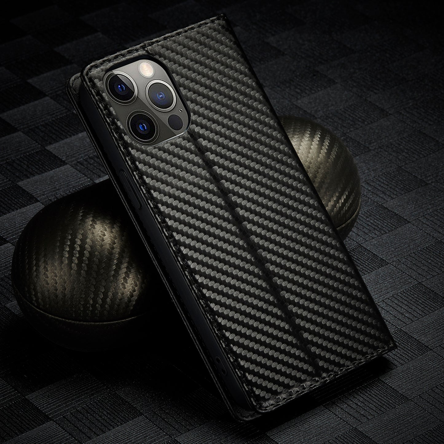 LC.IMEEKE Wallet Stand Leather Case Carbon Fiber Texture Phone Cover for iPhone 13 Pro 6.1 inch