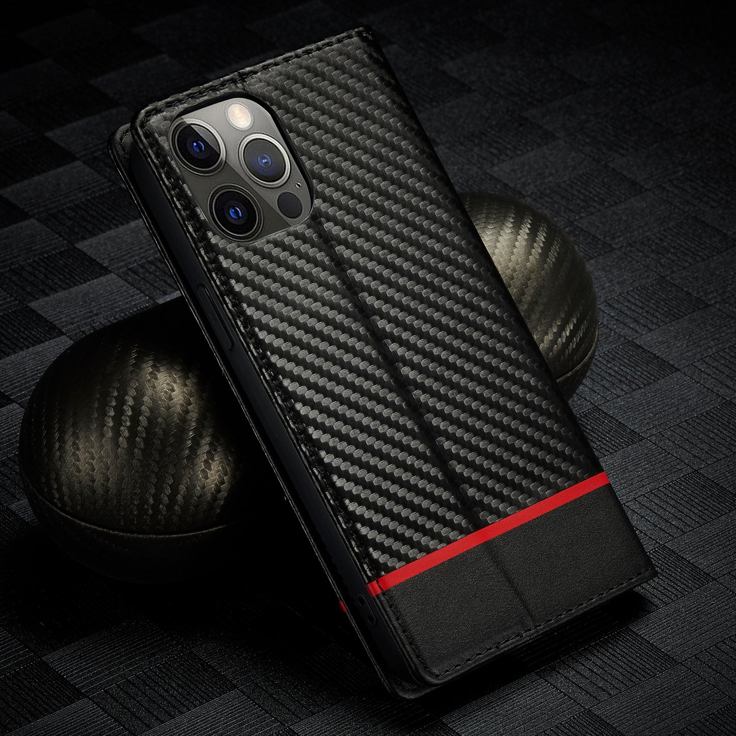 LC.IMEEKE Wallet Stand Leather Case Carbon Fiber Texture Phone Cover for iPhone 13 Pro 6.1 inch