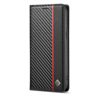 LC.IMEEKE Carbon Fiber Texture Splicing Wallet Design Leather Phone Cover Shell for iPhone 13 Pro Max 6.7 inch