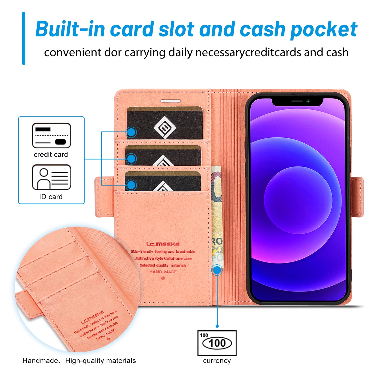 LC.IMEEKE Shockproof PU Leather Wallet Stand Phone Shell for iPhone 13 Pro Max 6.7 inch