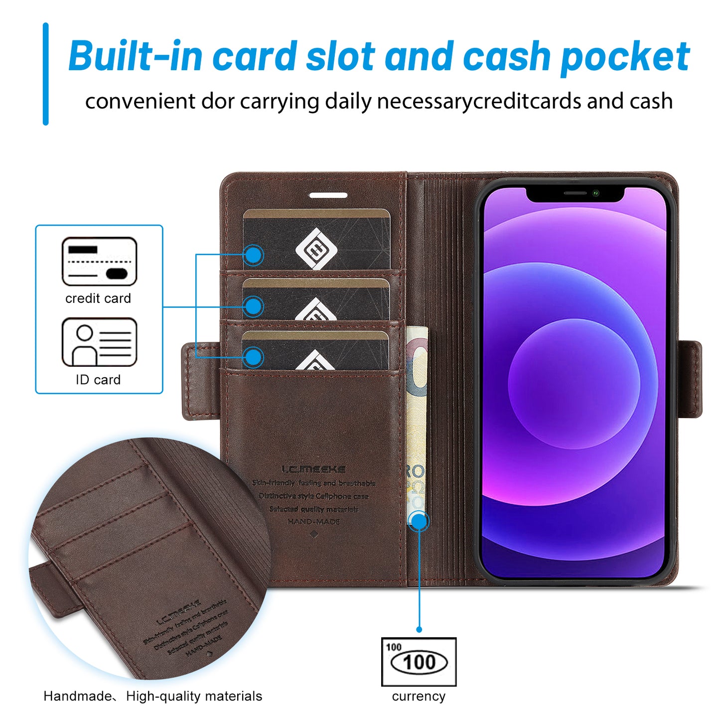 LC.IMEEKE Shockproof PU Leather Wallet Stand Phone Shell for iPhone 13 Pro Max 6.7 inch