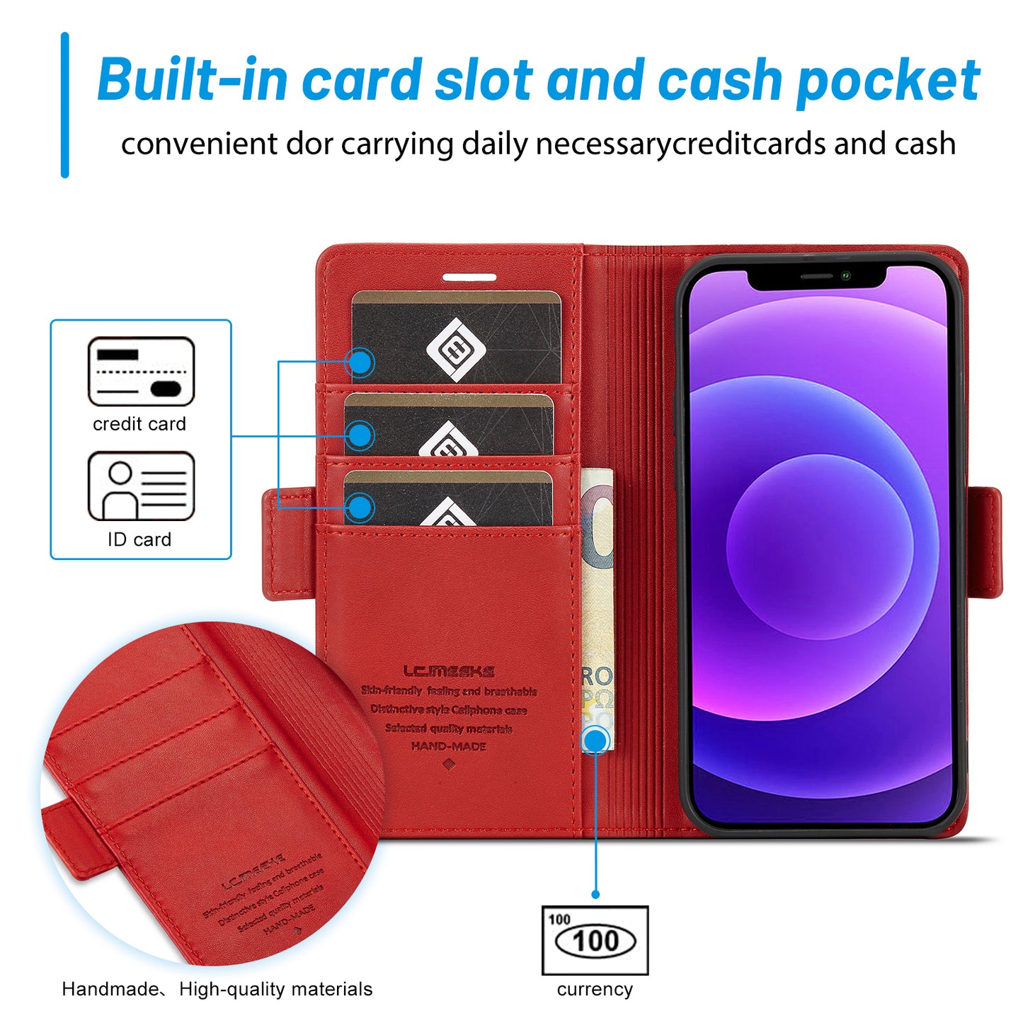 LC.IMEEKE Shockproof Full Protection PU Leather Card Slots Wallet Phone Shell with Stand for iPhone 13 Pro 6.7 inch