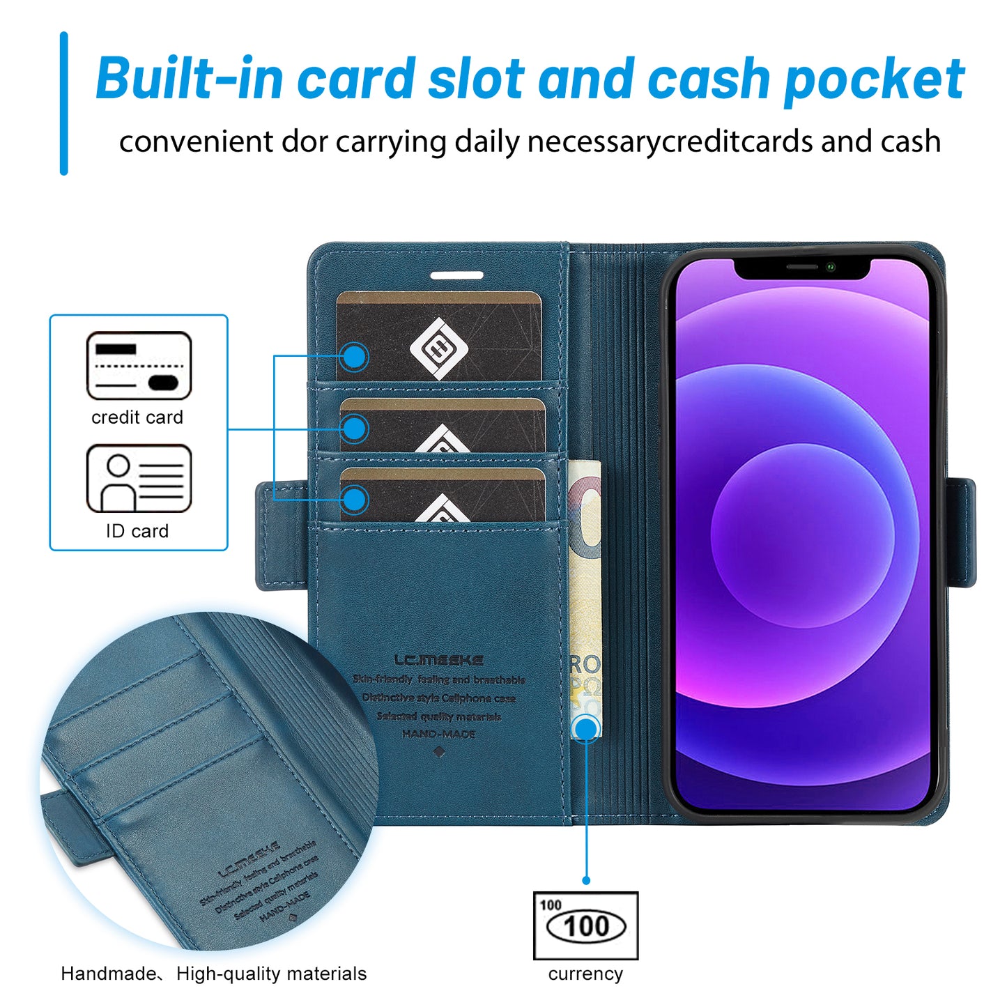 LC.IMEEKE Shockproof Full Protection PU Leather Card Slots Wallet Phone Shell with Stand for iPhone 13 Pro 6.7 inch