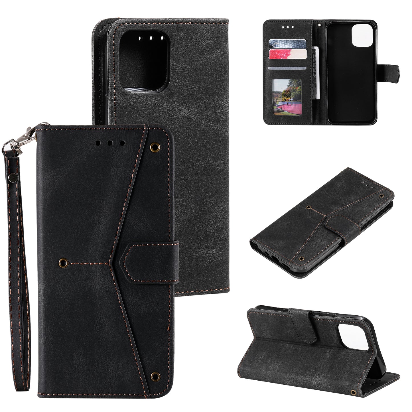 PU Leather Wallet Phone Case Rivet Decor Cover Stand Case Cover for iPhone 13 Pro 6.1 inch