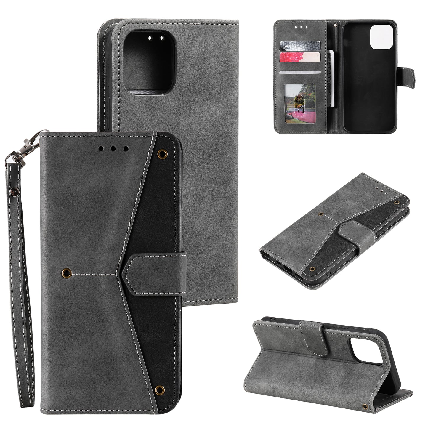PU Leather Wallet Phone Case Rivet Decor Cover Stand Case Cover for iPhone 13 Pro 6.1 inch