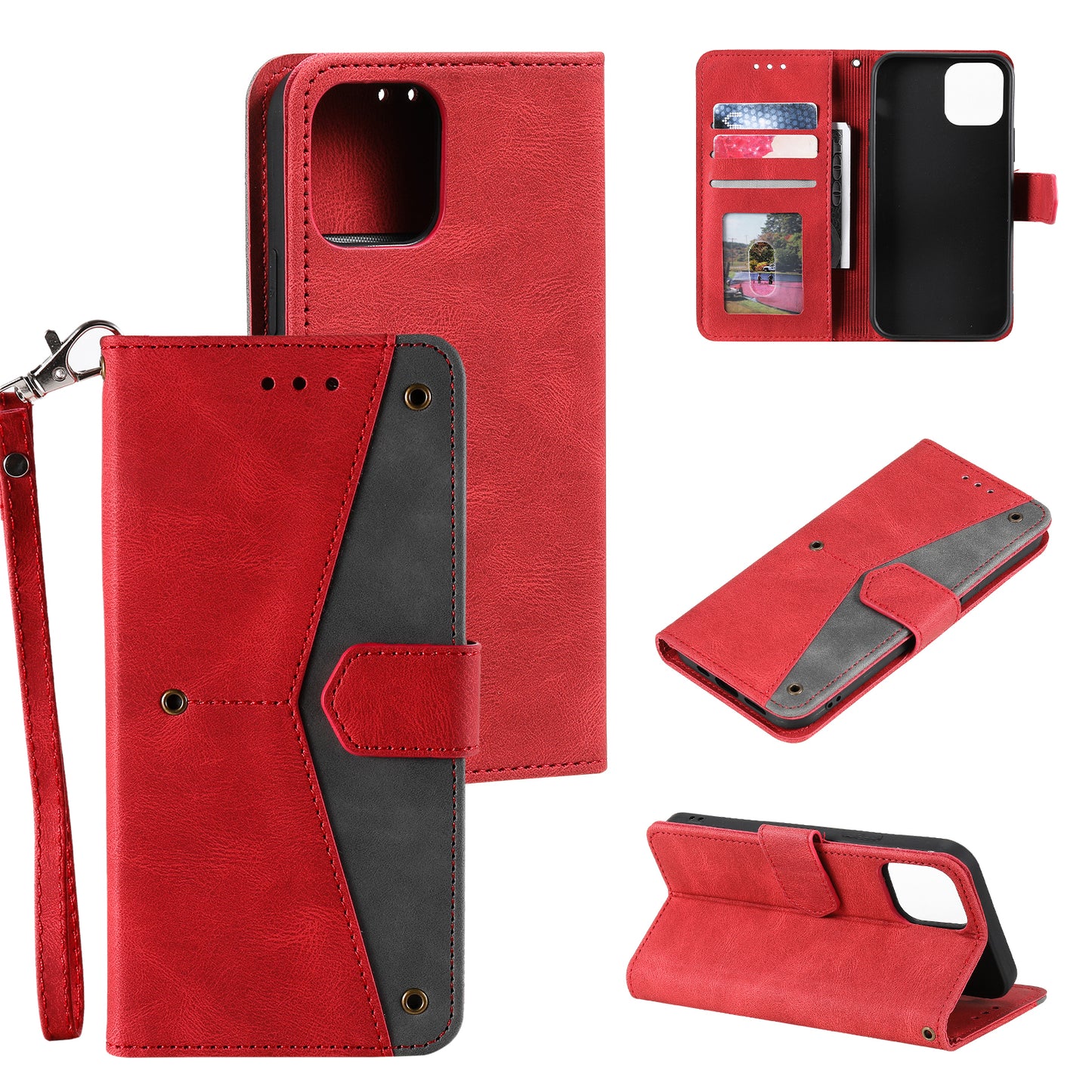 PU Leather Wallet Phone Case Rivet Decor Cover Stand Case Cover for iPhone 13 Pro 6.1 inch