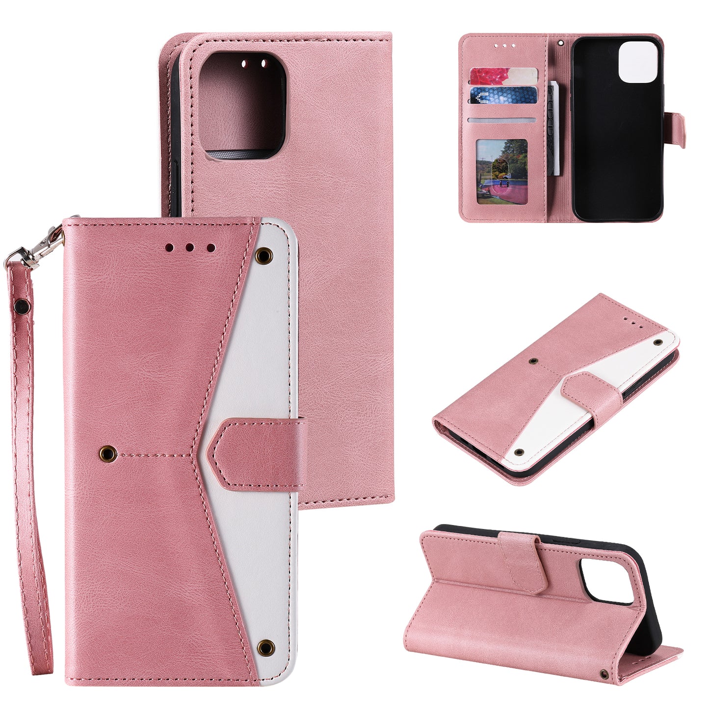 PU Leather Wallet Phone Case Rivet Decor Cover Stand Case Cover for iPhone 13 Pro 6.1 inch