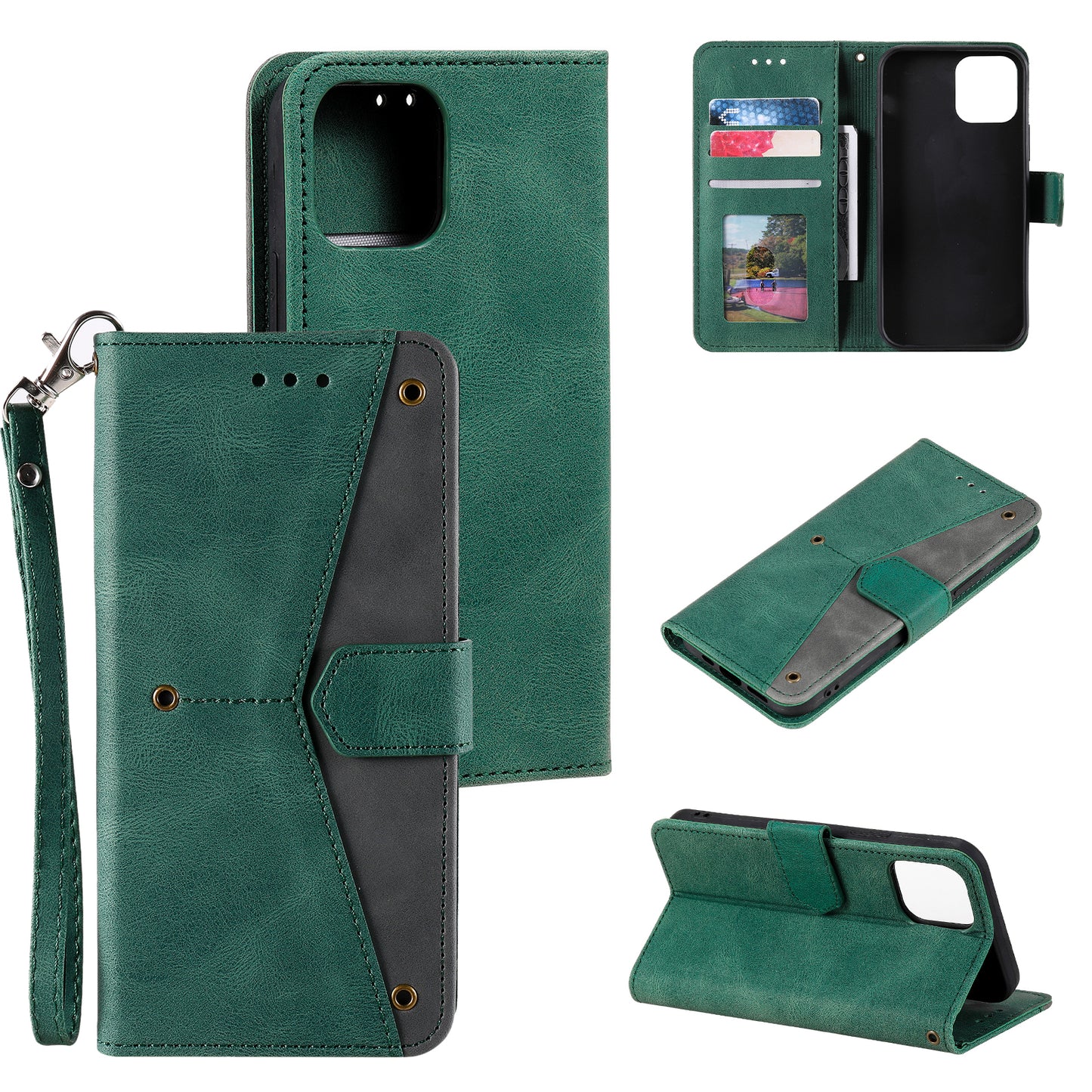 PU Leather Wallet Phone Case Rivet Decor Cover Stand Case Cover for iPhone 13 Pro 6.1 inch