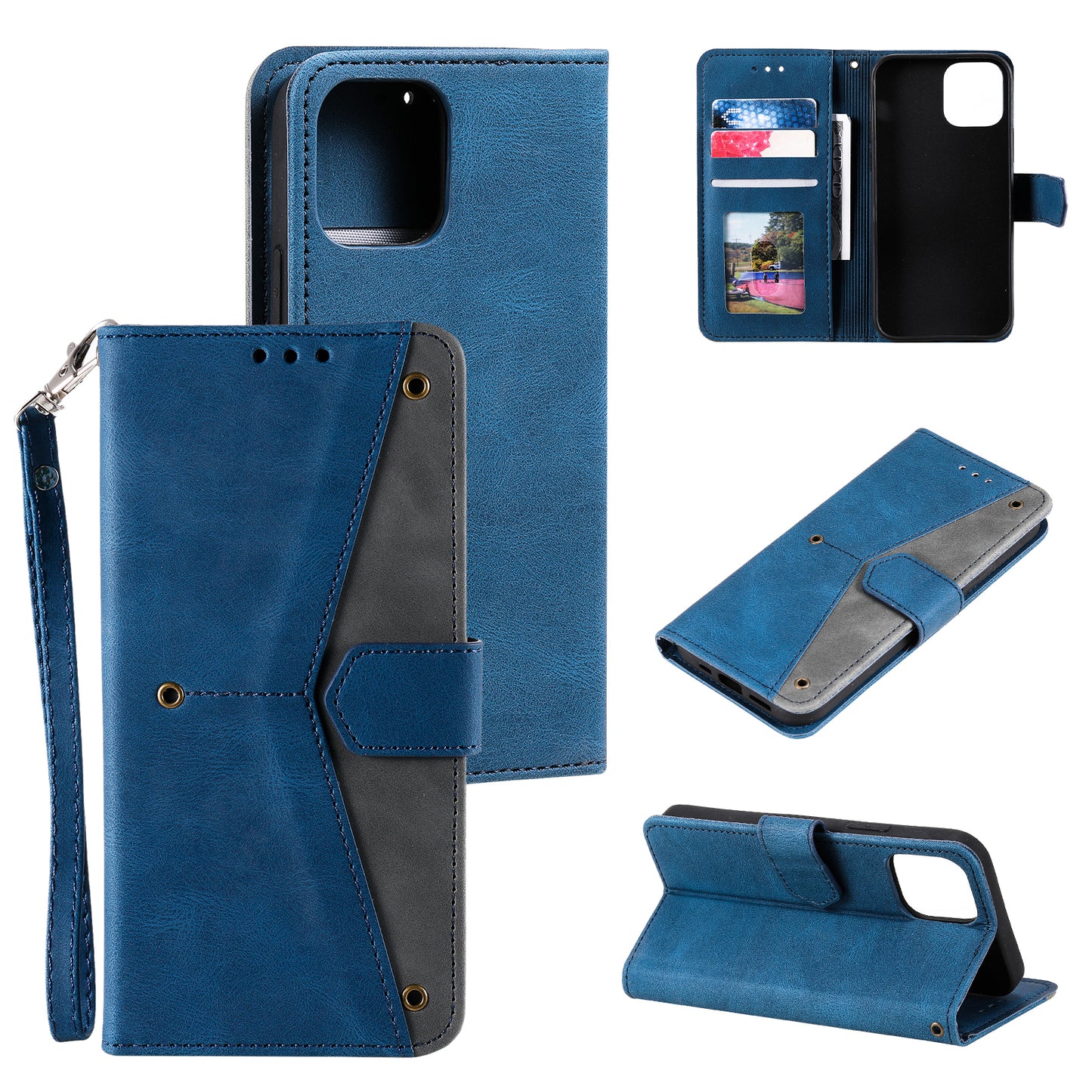 PU Leather Wallet Phone Case Rivet Decor Cover Stand Case Cover for iPhone 13 Pro 6.1 inch