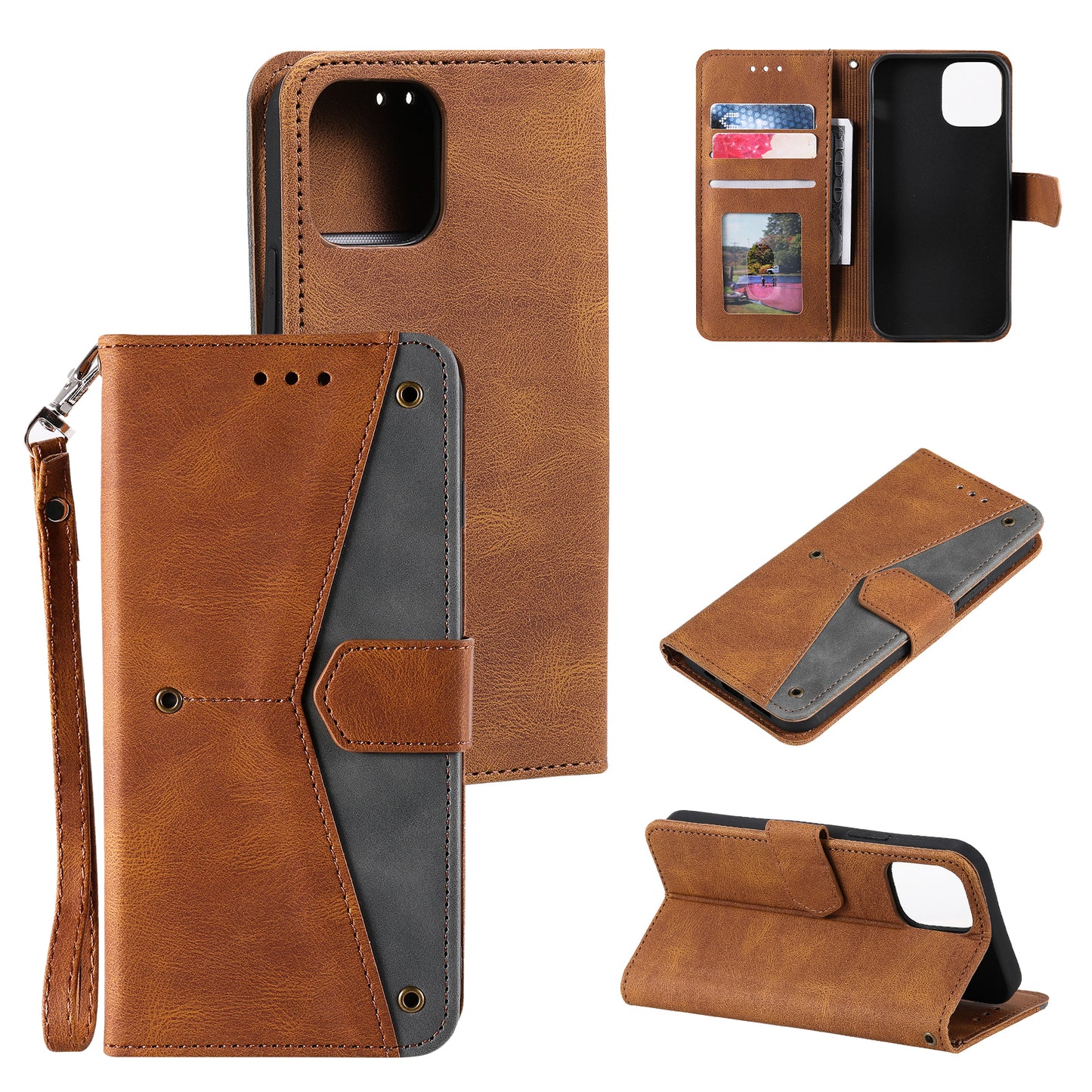 PU Leather Wallet Phone Case Rivet Decor Cover Stand Case Cover for iPhone 13 Pro 6.1 inch