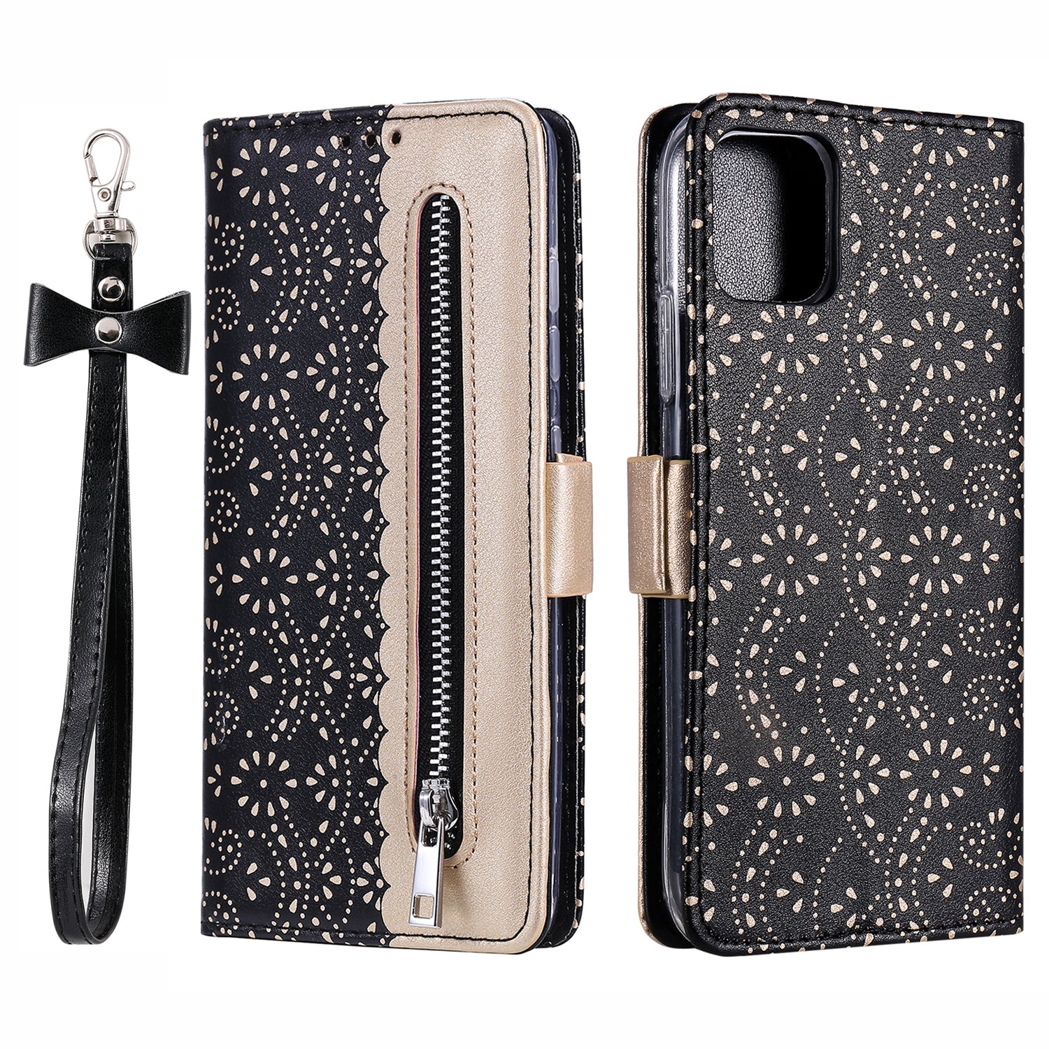 Anti-scratch Zipper Design Lace Flower Leather Case Cover with Wallet for iPhone 13 Pro 6.1 inch