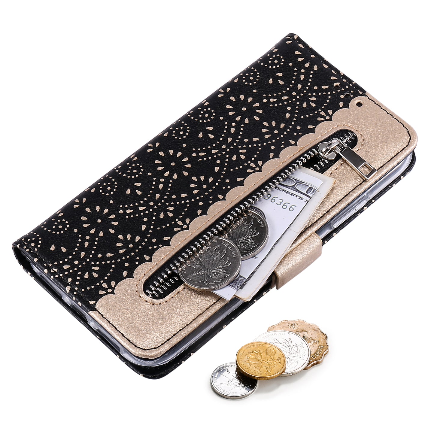 Anti-scratch Zipper Design Lace Flower Leather Case Cover with Wallet for iPhone 13 Pro 6.1 inch