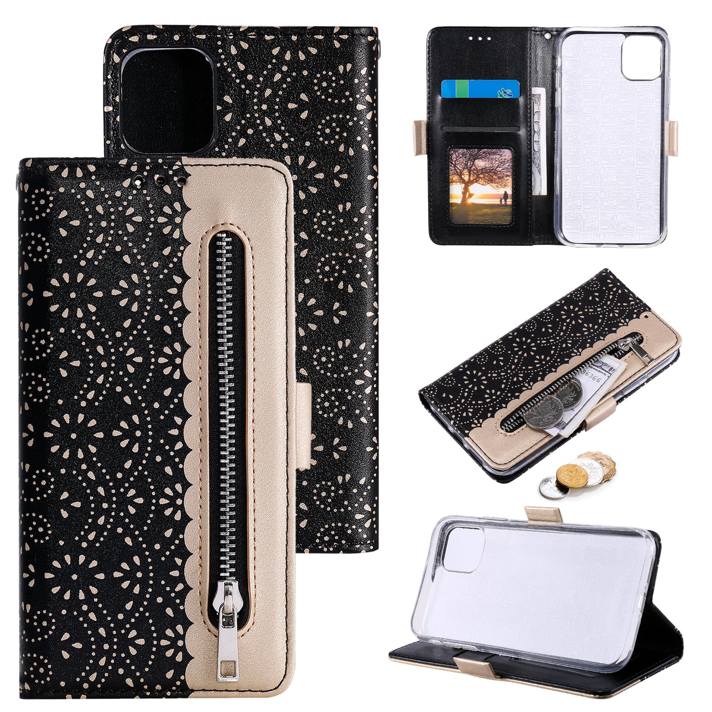 Anti-scratch Zipper Design Lace Flower Leather Case Cover with Wallet for iPhone 13 Pro 6.1 inch