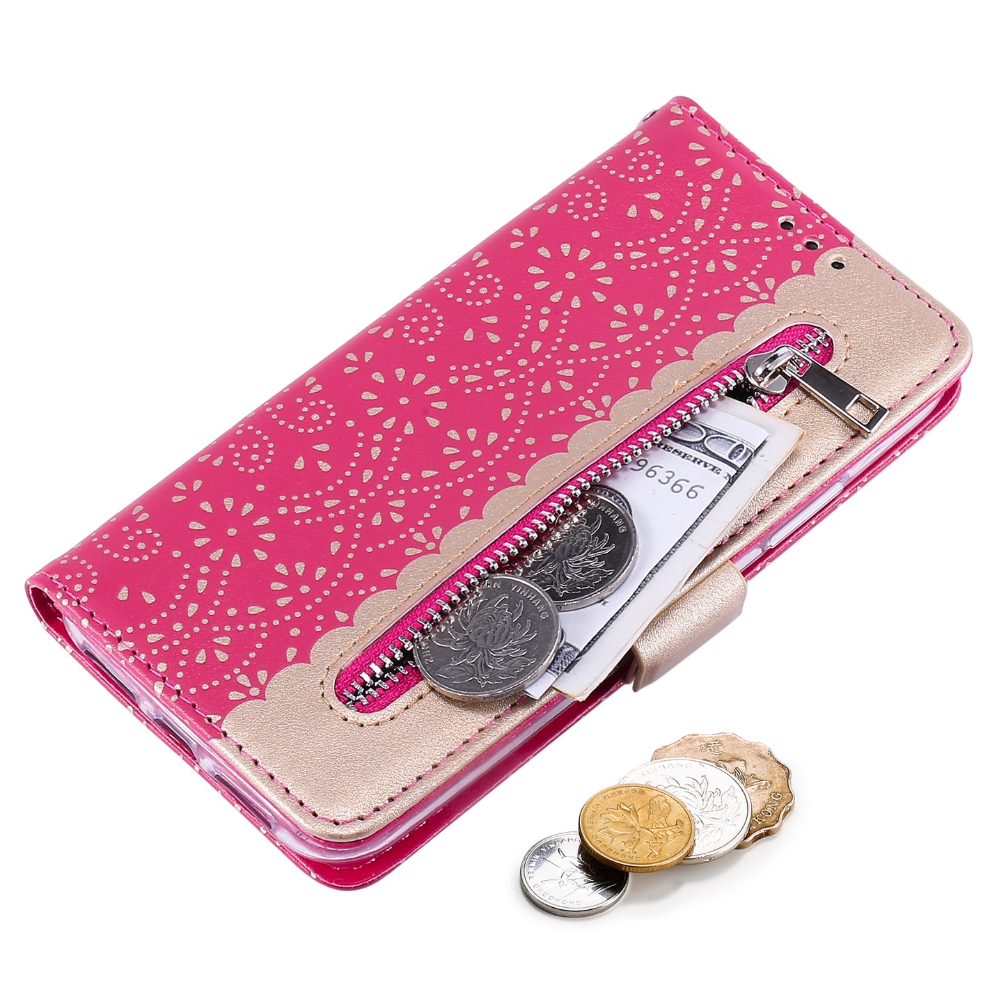 Anti-scratch Zipper Design Lace Flower Leather Case Cover with Wallet for iPhone 13 Pro 6.1 inch