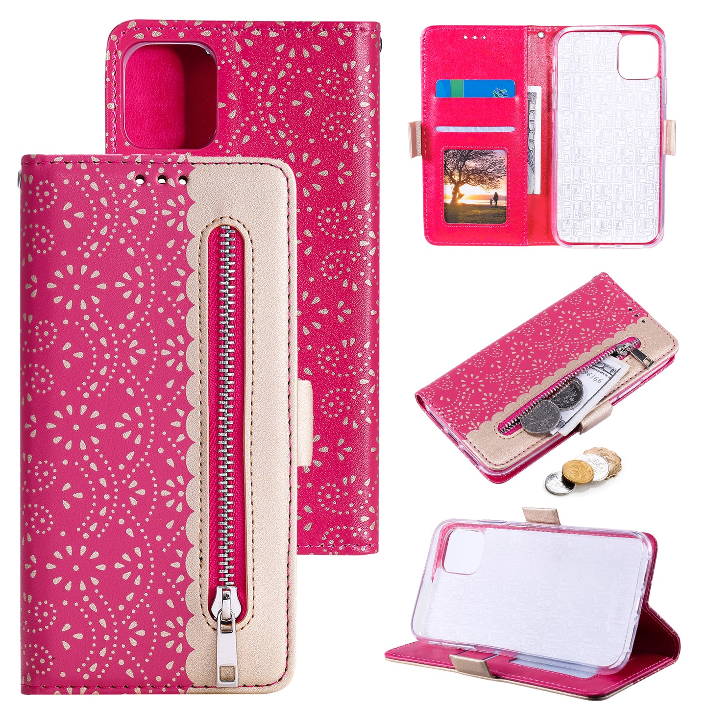 Anti-scratch Zipper Design Lace Flower Leather Case Cover with Wallet for iPhone 13 Pro 6.1 inch
