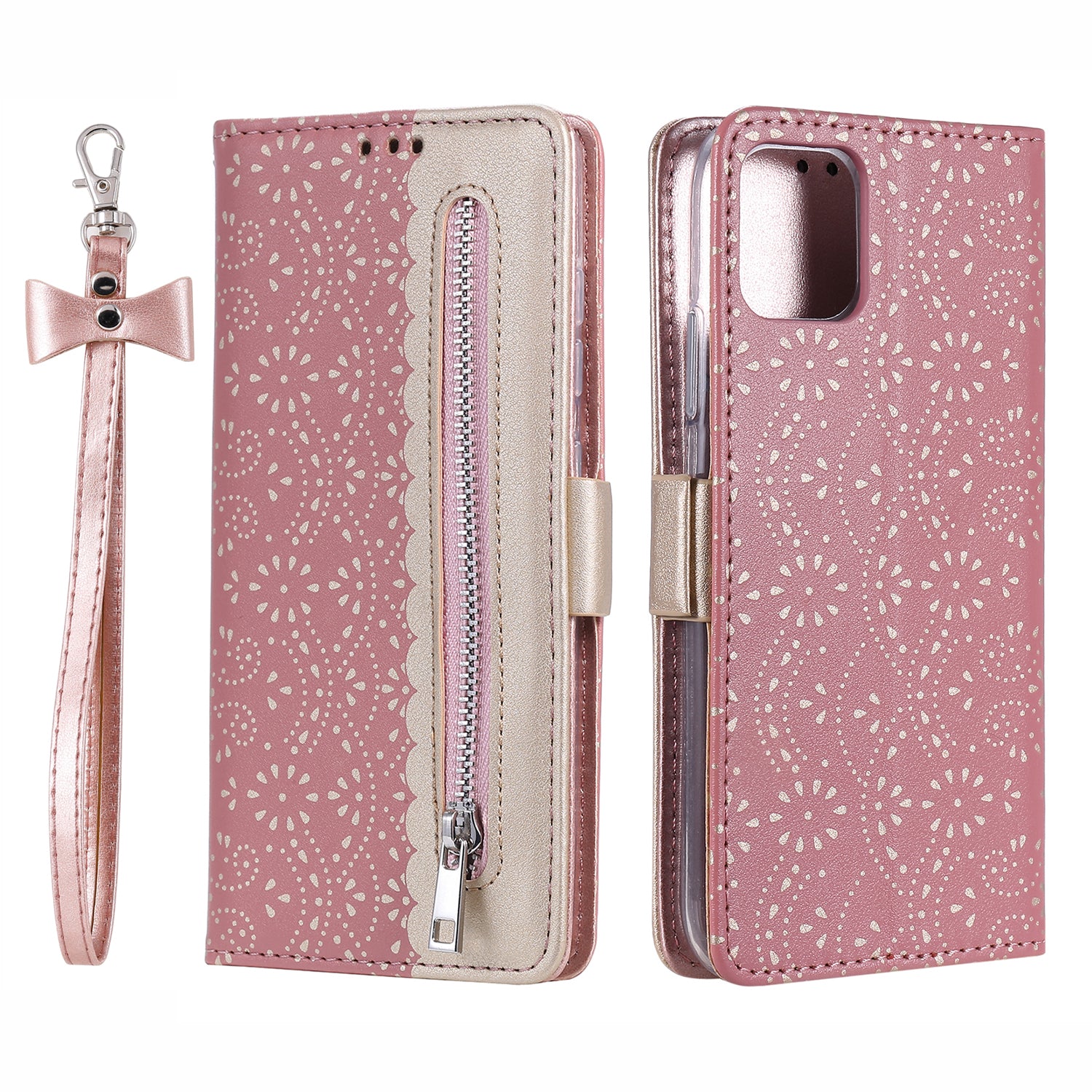 Anti-scratch Zipper Design Lace Flower Leather Case Cover with Wallet for iPhone 13 Pro 6.1 inch