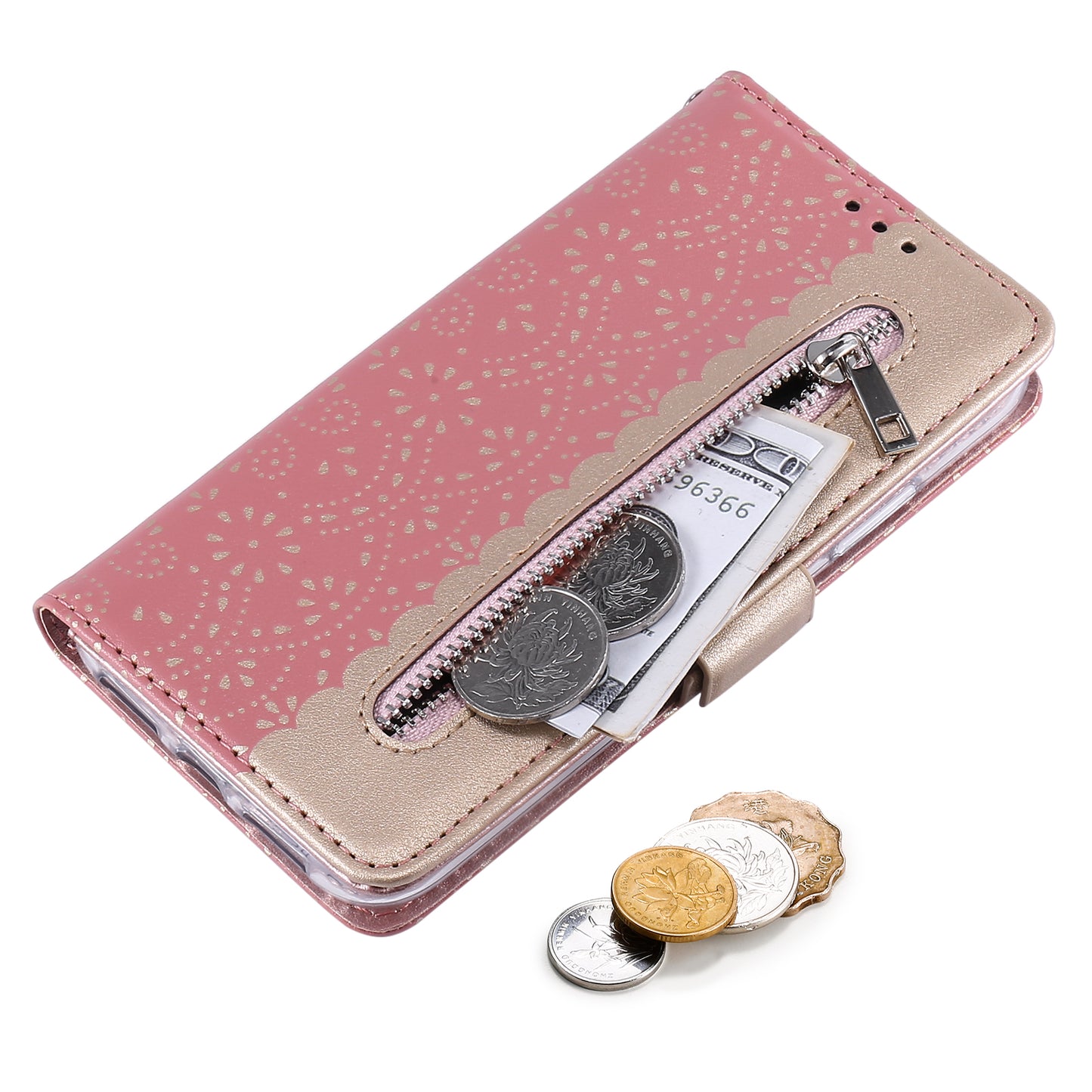 Anti-scratch Zipper Design Lace Flower Leather Case Cover with Wallet for iPhone 13 Pro 6.1 inch