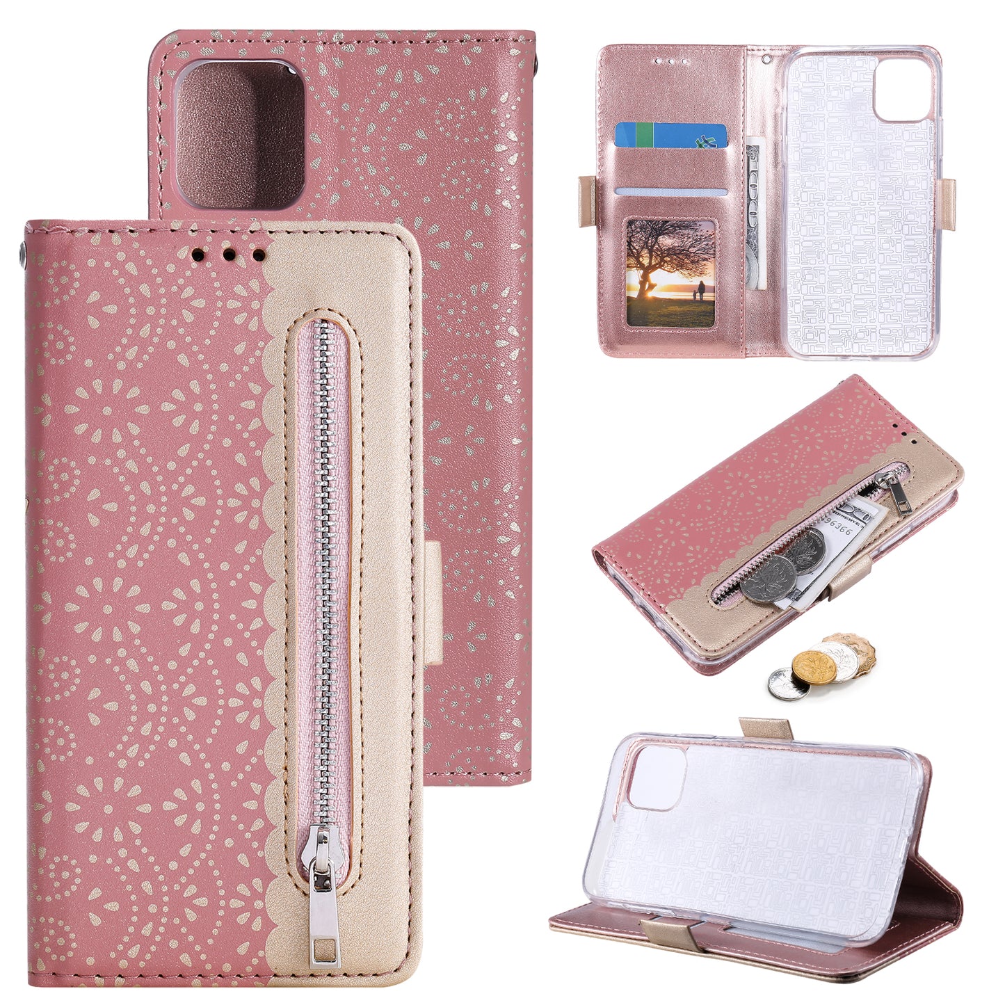 Anti-scratch Zipper Design Lace Flower Leather Case Cover with Wallet for iPhone 13 Pro 6.1 inch