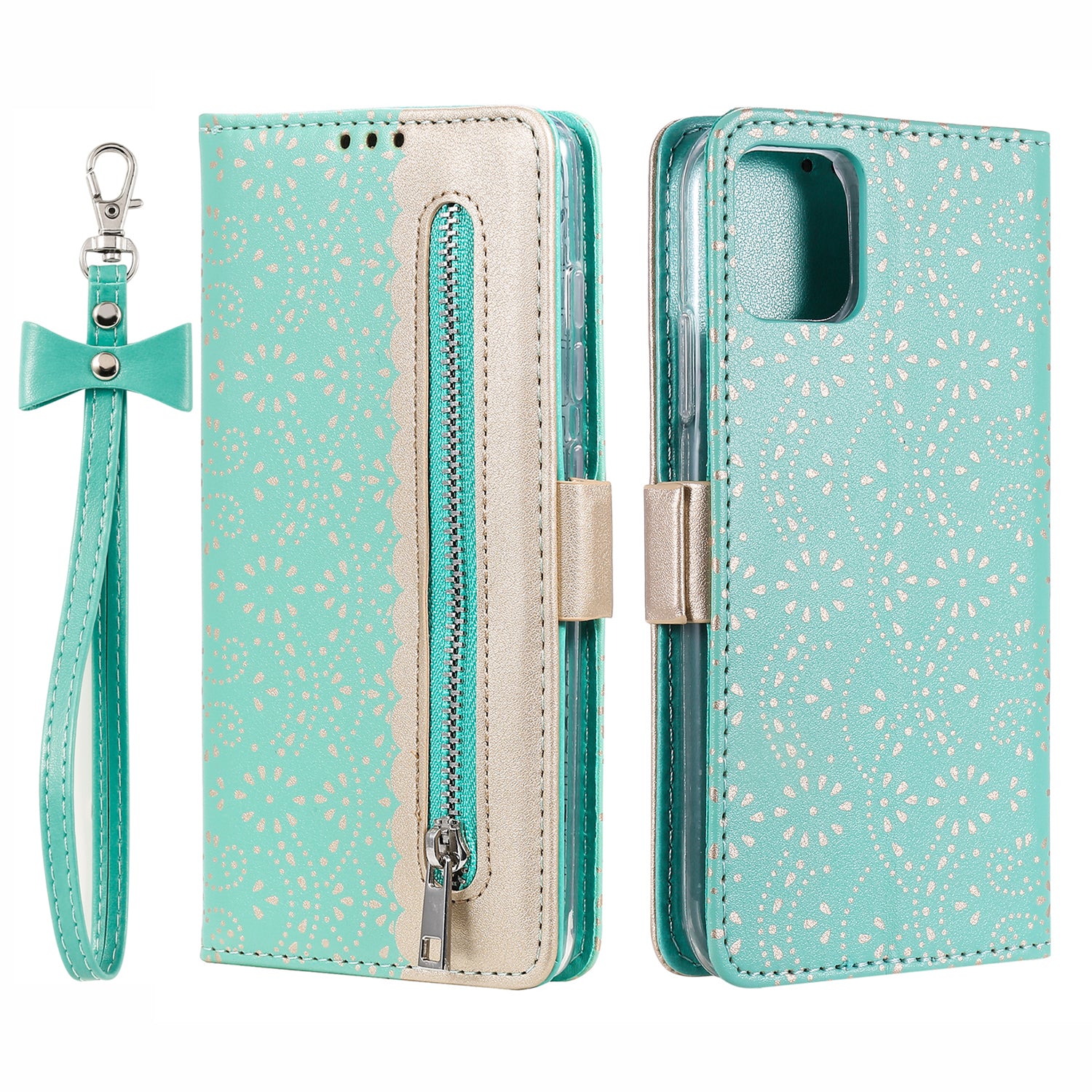 Anti-scratch Zipper Design Lace Flower Leather Case Cover with Wallet for iPhone 13 Pro 6.1 inch
