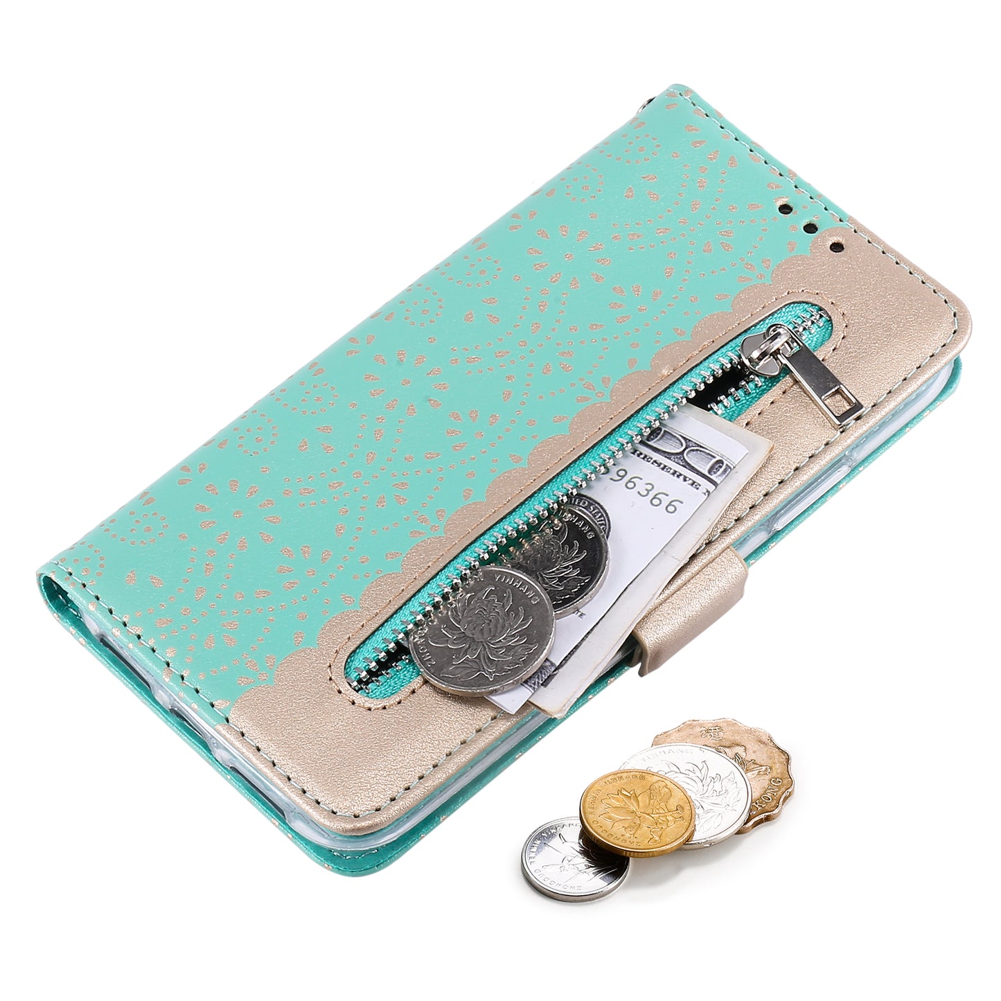 Anti-scratch Zipper Design Lace Flower Leather Case Cover with Wallet for iPhone 13 Pro 6.1 inch