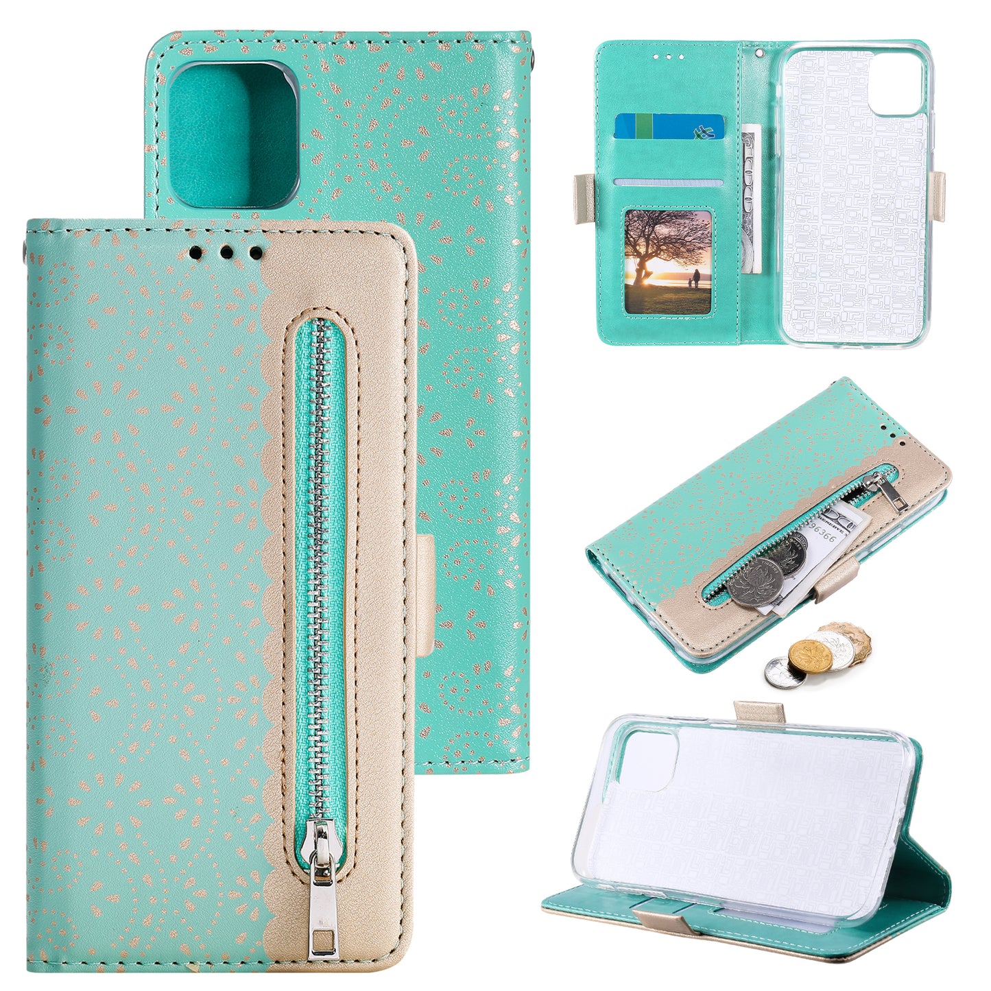 Anti-scratch Zipper Design Lace Flower Leather Case Cover with Wallet for iPhone 13 Pro 6.1 inch