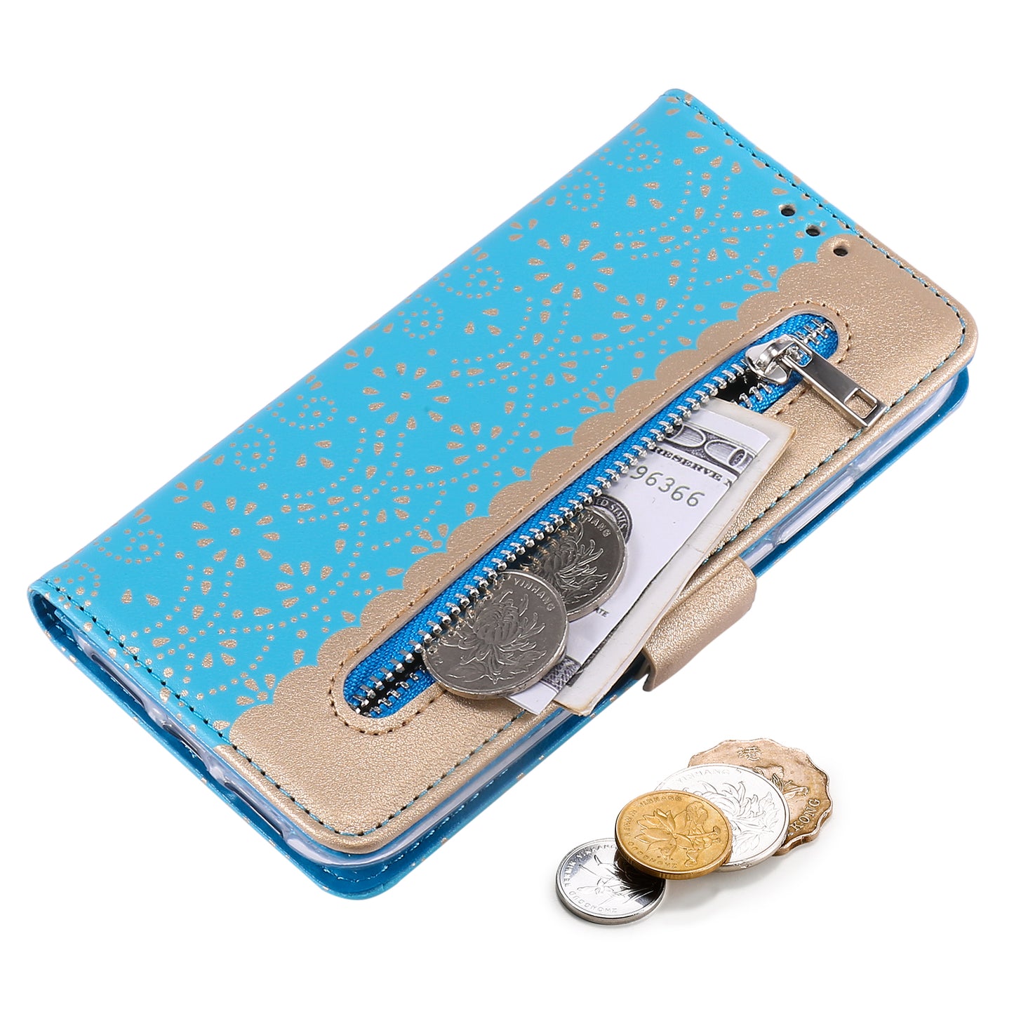 Anti-scratch Zipper Design Lace Flower Leather Case Cover with Wallet for iPhone 13 Pro 6.1 inch