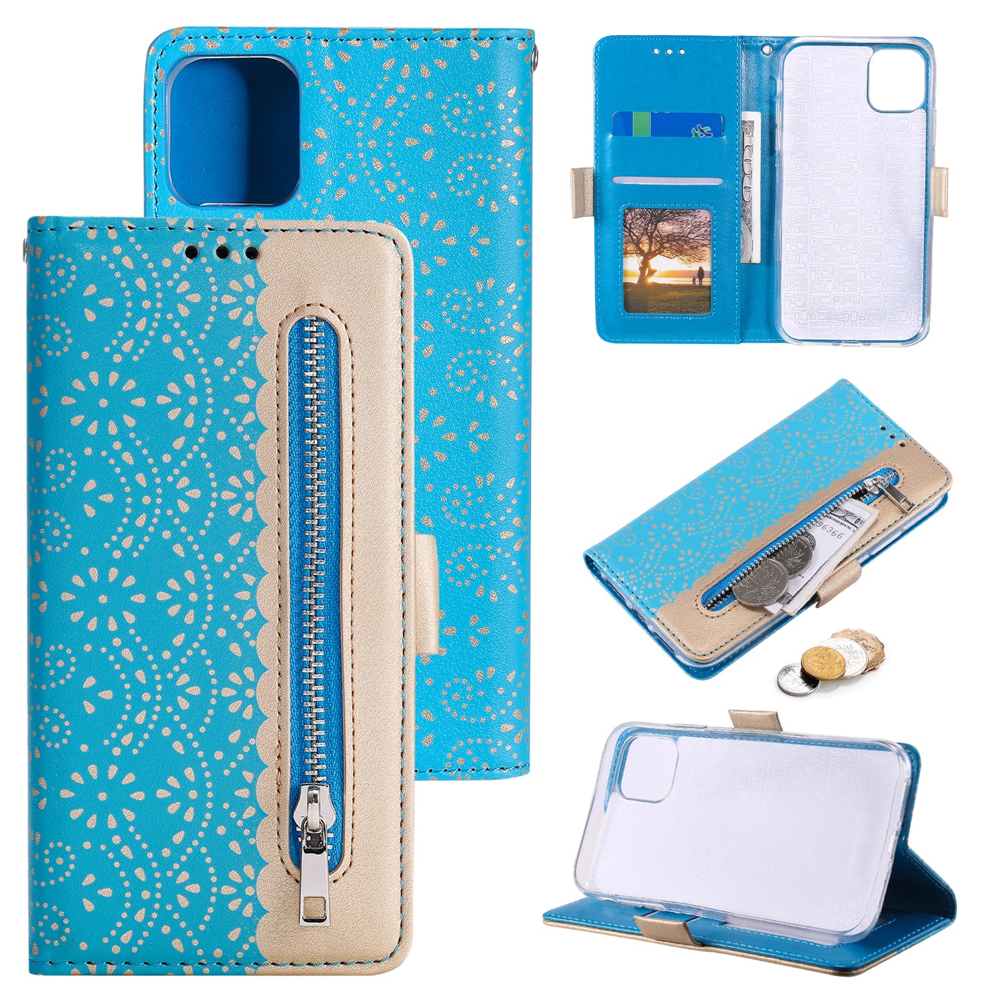 Anti-scratch Zipper Design Lace Flower Leather Case Cover with Wallet for iPhone 13 Pro 6.1 inch