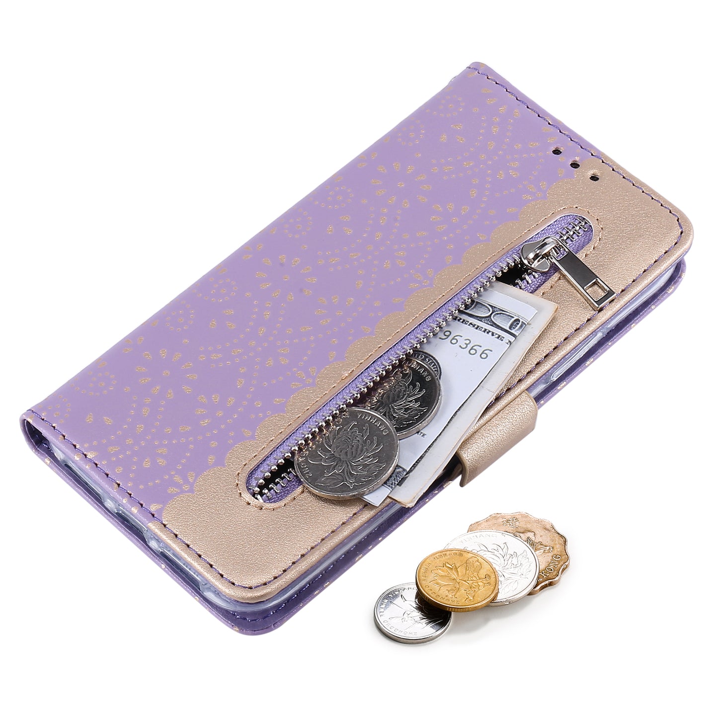 Anti-scratch Zipper Design Lace Flower Leather Case Cover with Wallet for iPhone 13 Pro 6.1 inch