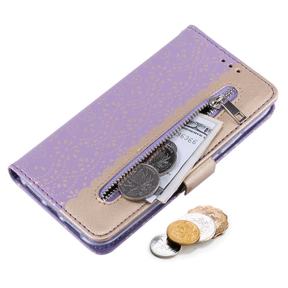Anti-scratch Zipper Design Lace Flower Leather Case Cover with Wallet for iPhone 13 Pro 6.1 inch