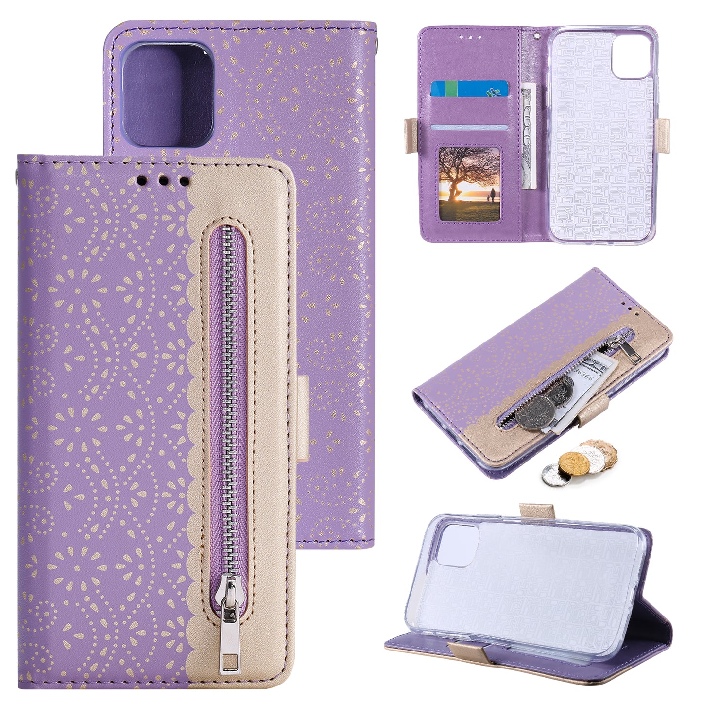 Anti-scratch Zipper Design Lace Flower Leather Case Cover with Wallet for iPhone 13 Pro 6.1 inch