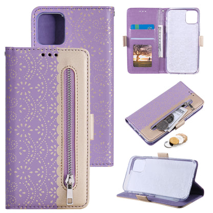 Anti-scratch Zipper Design Lace Flower Leather Case Cover with Wallet for iPhone 13 Pro 6.1 inch