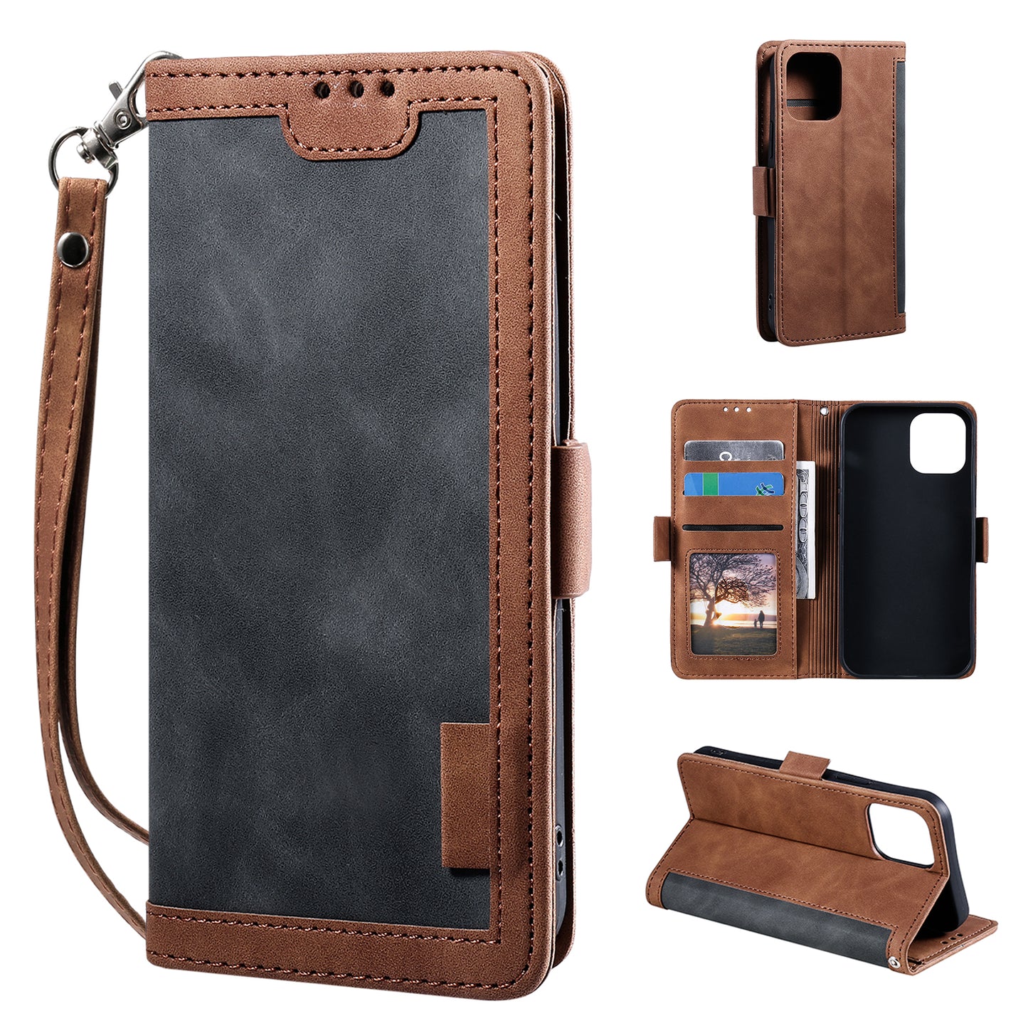Retro Style Full Protection Splicing Leather Phone Case with Card Slots and Photo Slot for iPhone 13 6.1 inch