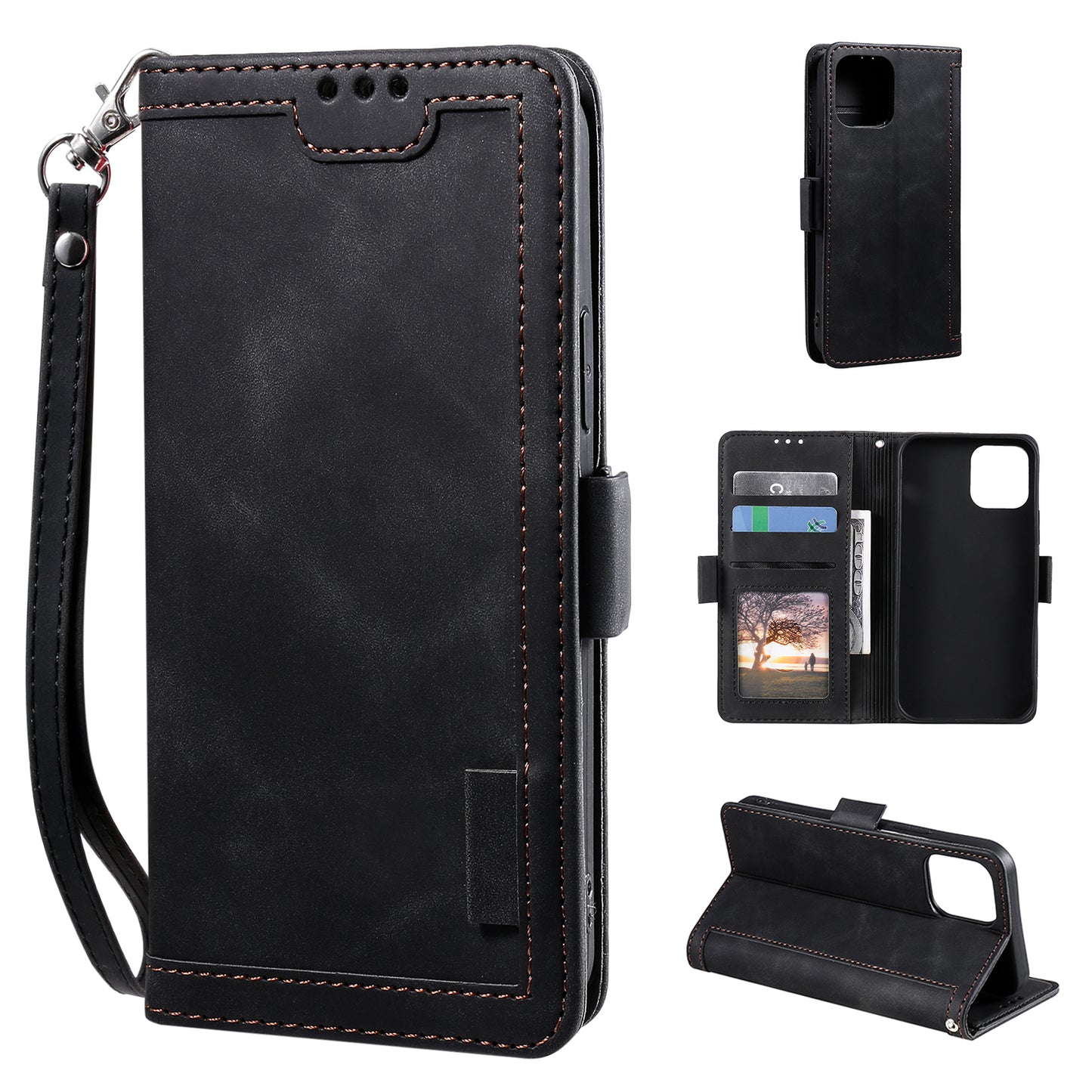 Retro Style Full Protection Splicing Leather Phone Case with Card Slots and Photo Slot for iPhone 13 6.1 inch