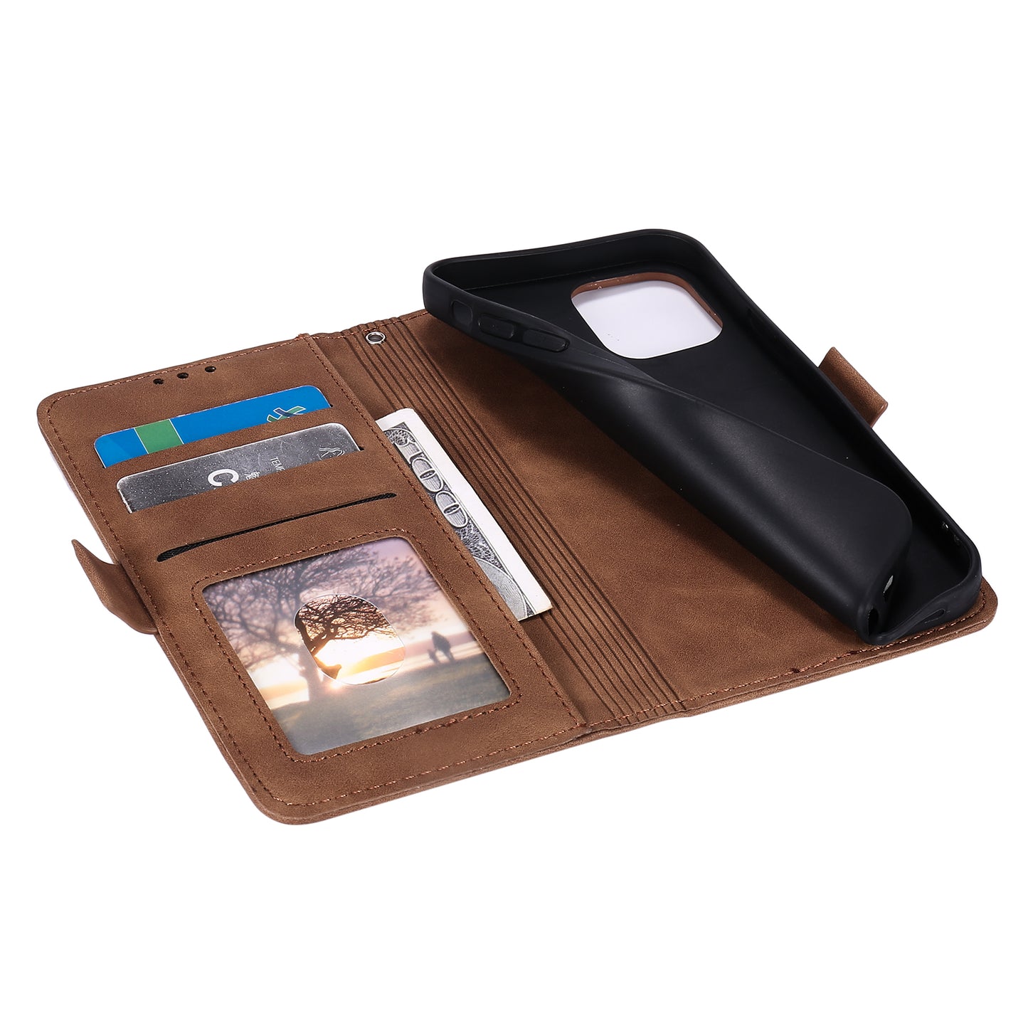 Retro Style Full Protection Splicing Leather Phone Case with Card Slots and Photo Slot for iPhone 13 6.1 inch
