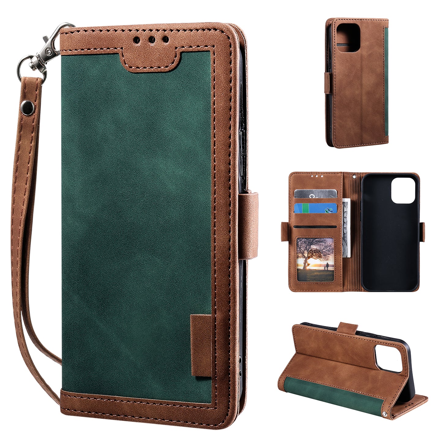 Retro Style Full Protection Splicing Leather Phone Case with Card Slots and Photo Slot for iPhone 13 6.1 inch