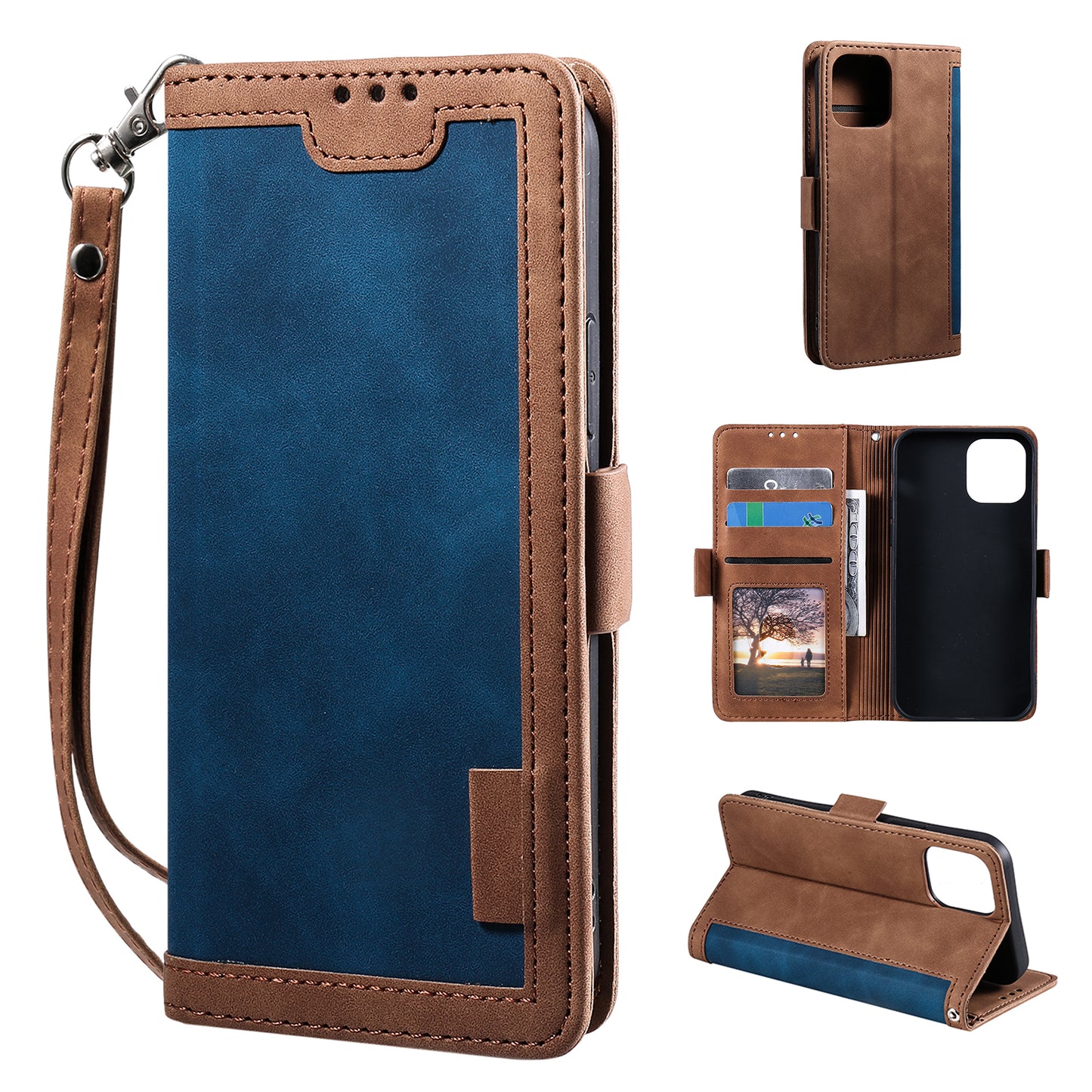Retro Style Full Protection Splicing Leather Phone Case with Card Slots and Photo Slot for iPhone 13 6.1 inch