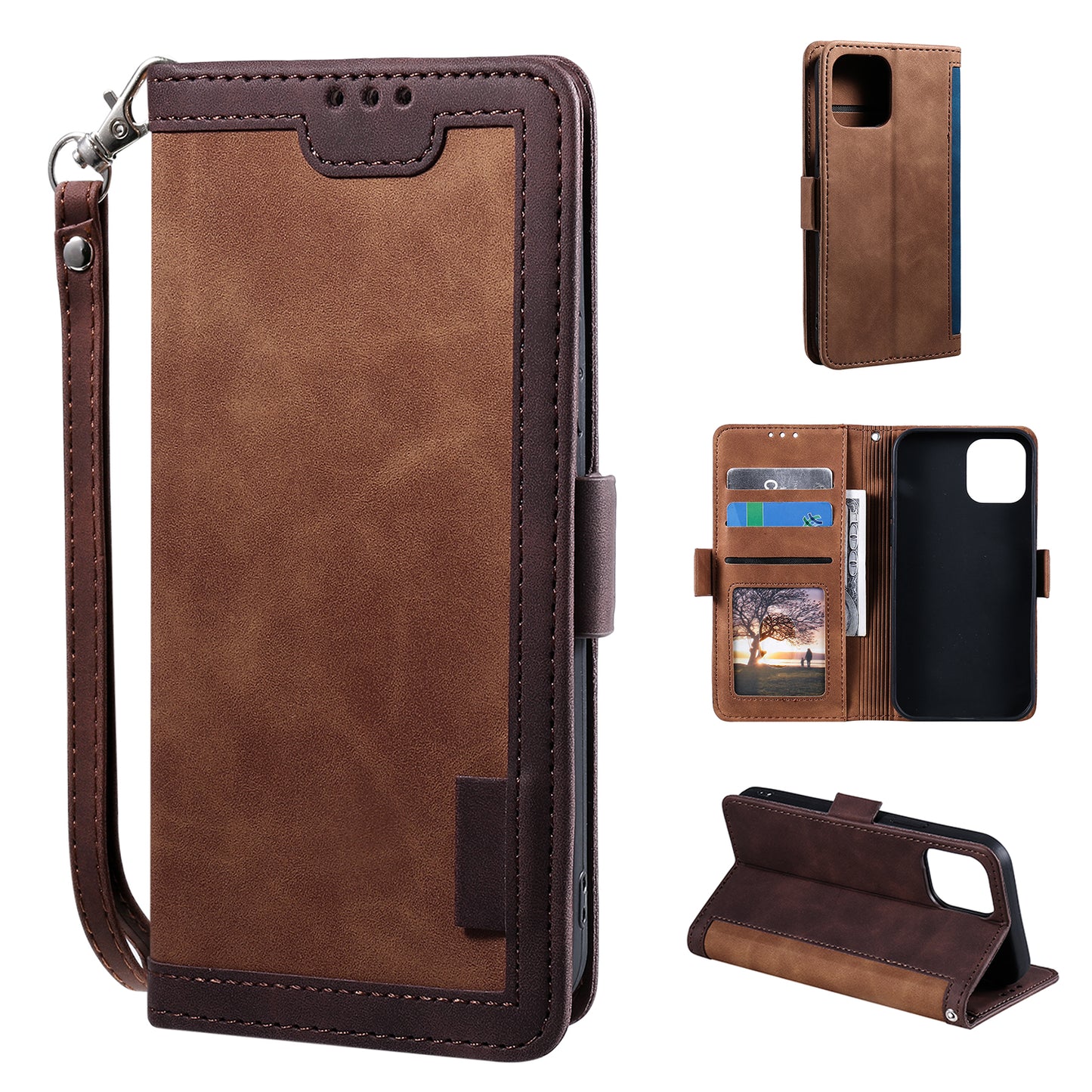 Retro Style Full Protection Splicing Leather Phone Case with Card Slots and Photo Slot for iPhone 13 6.1 inch