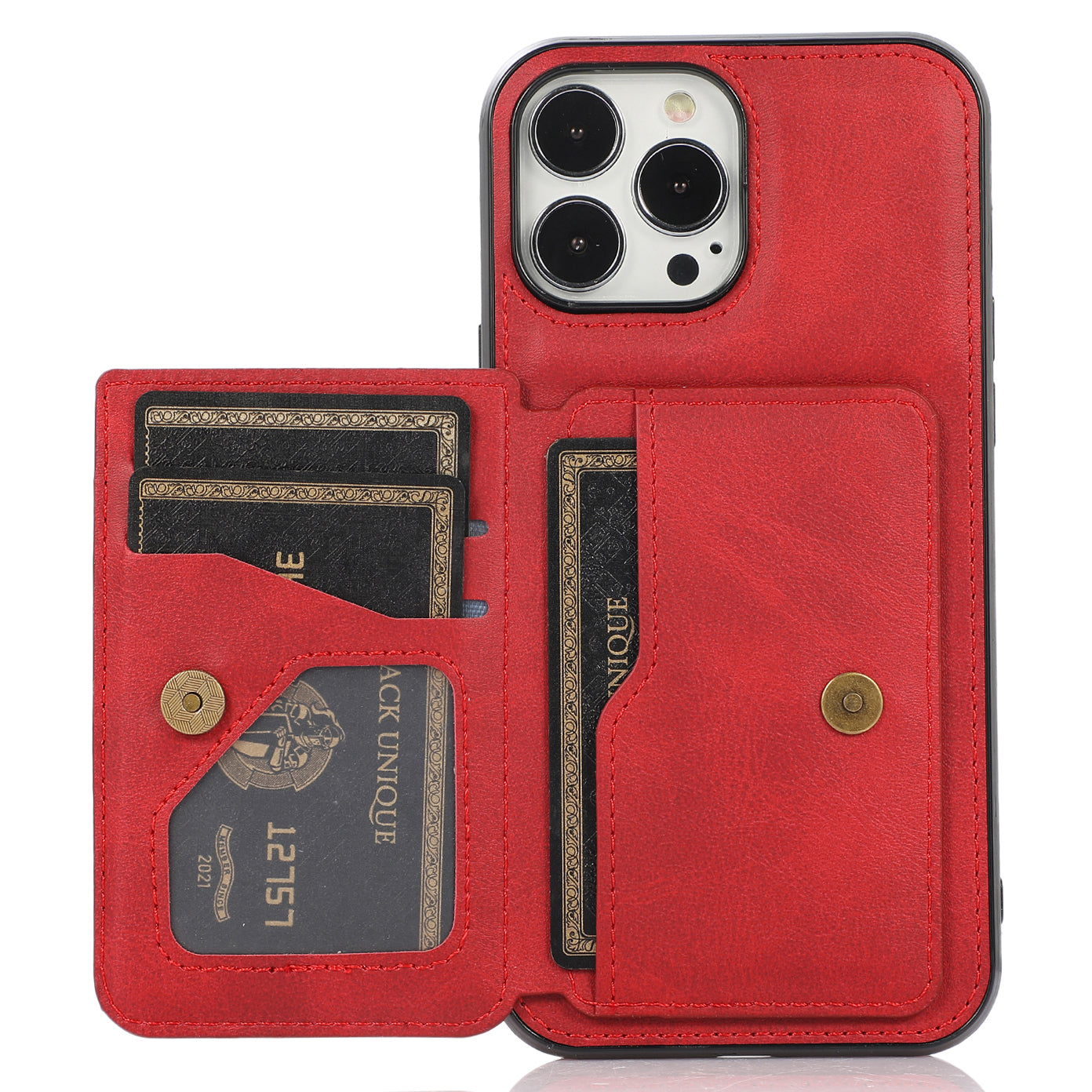 Anti-drop Card Holders PU Leather Coated PC TPU Hybrid Shell [Built-in Magnetic Metal Sheet] for iPhone 13 Pro 6.1 inch