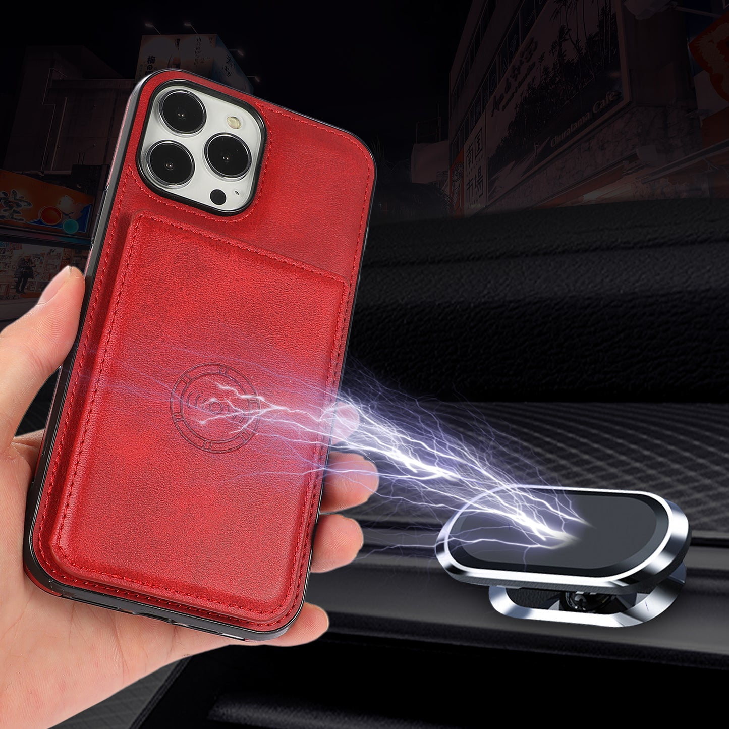 Anti-drop Card Holders PU Leather Coated PC TPU Hybrid Shell [Built-in Magnetic Metal Sheet] for iPhone 13 Pro 6.1 inch