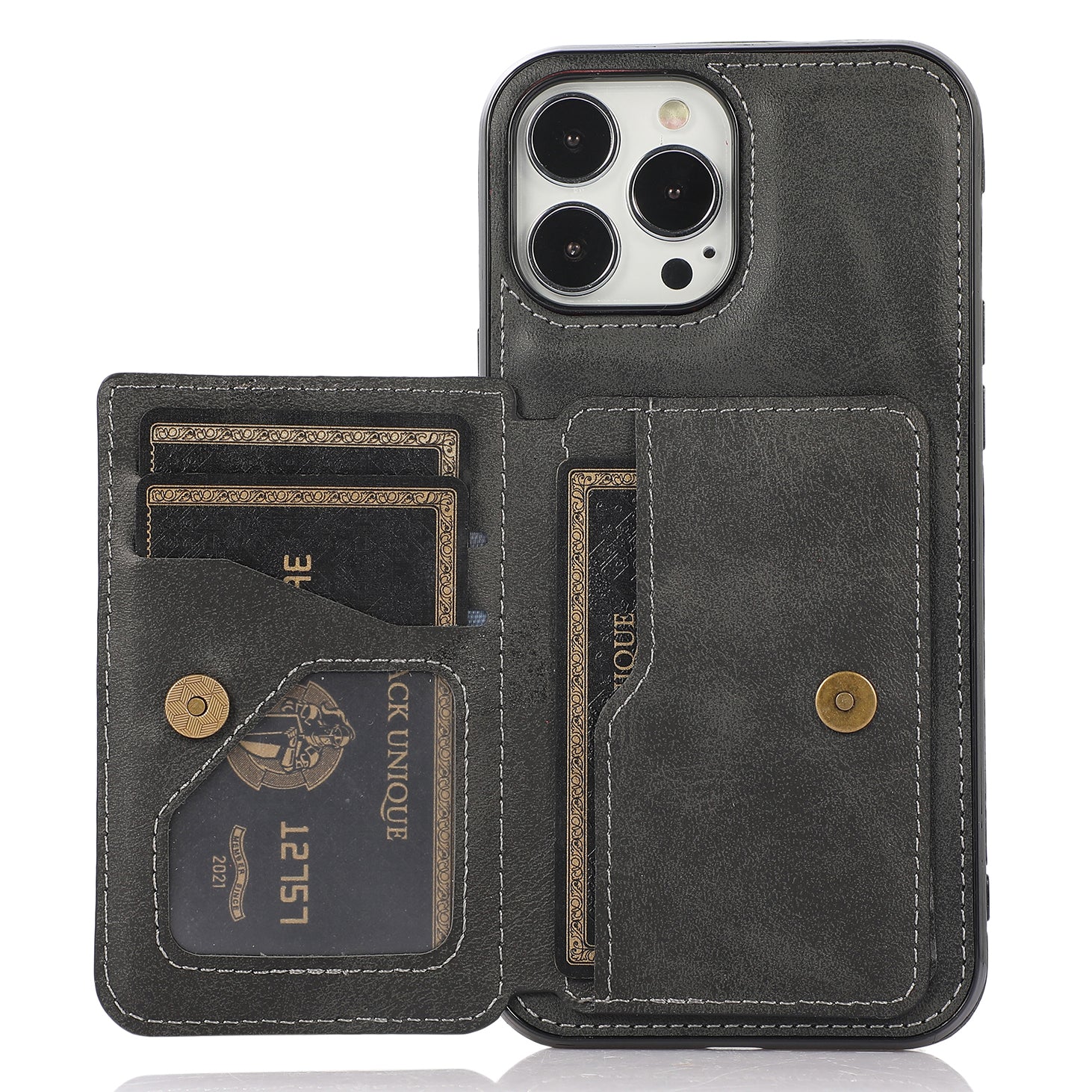 Anti-drop Card Holders PU Leather Coated PC TPU Hybrid Shell [Built-in Magnetic Metal Sheet] for iPhone 13 Pro 6.1 inch