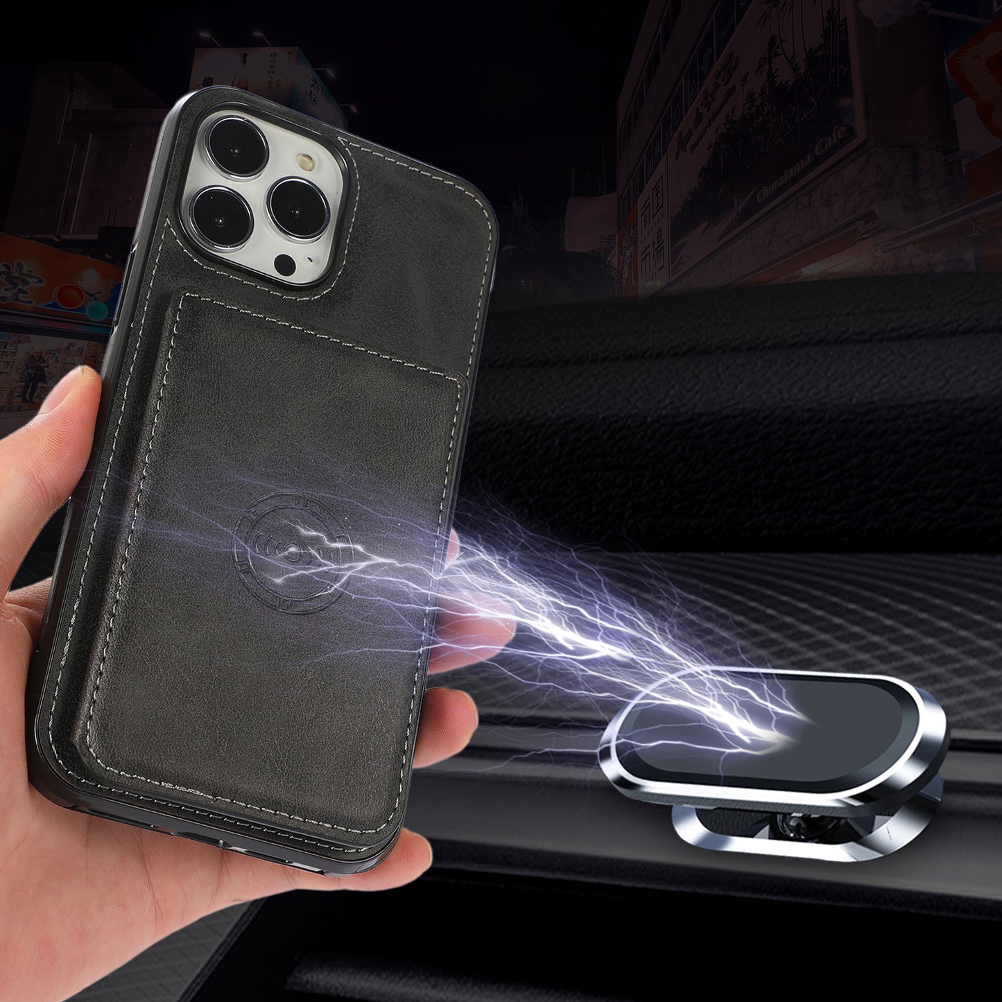 Anti-drop Card Holders PU Leather Coated PC TPU Hybrid Shell [Built-in Magnetic Metal Sheet] for iPhone 13 Pro 6.1 inch