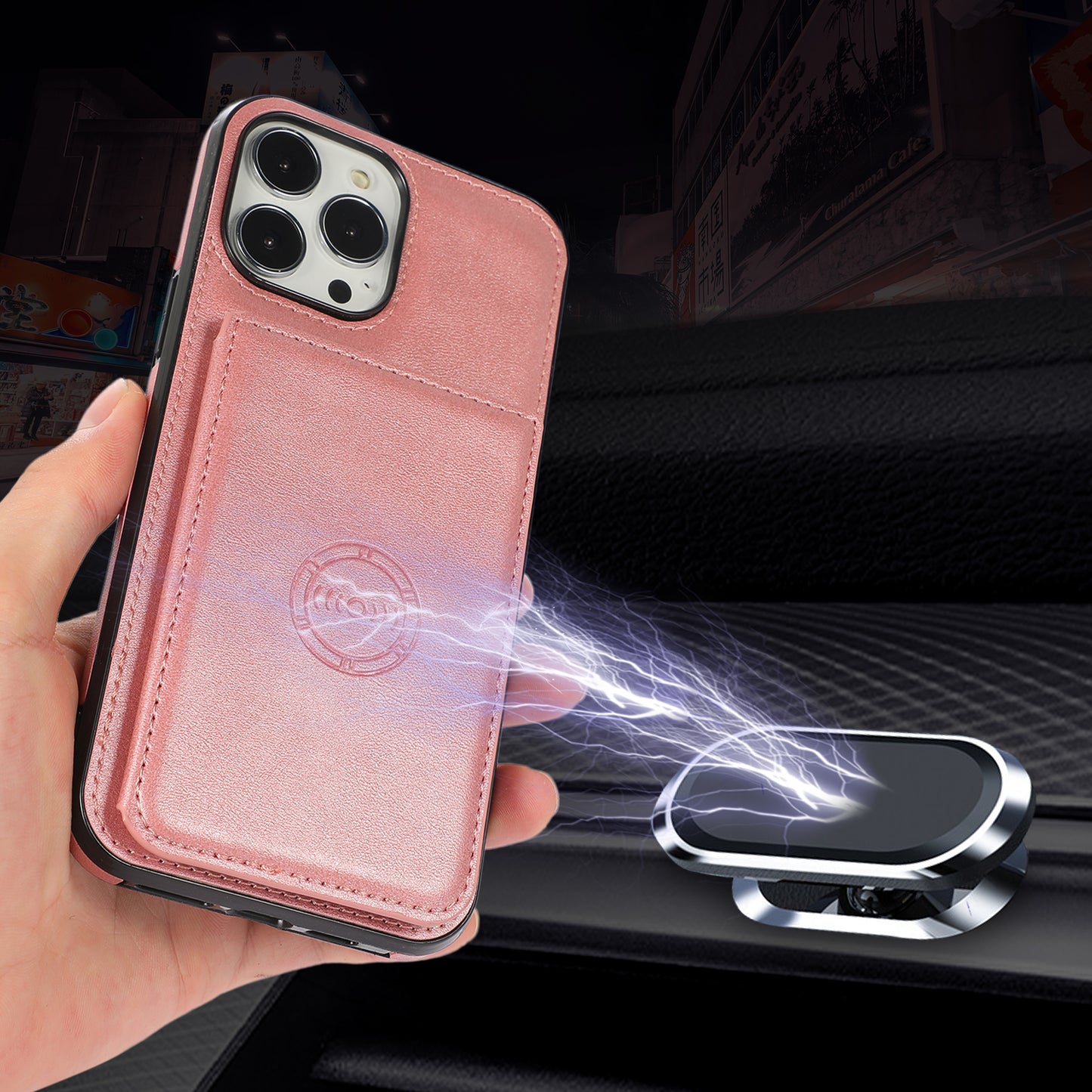 Anti-drop Card Holders PU Leather Coated PC TPU Hybrid Shell [Built-in Magnetic Metal Sheet] for iPhone 13 Pro 6.1 inch