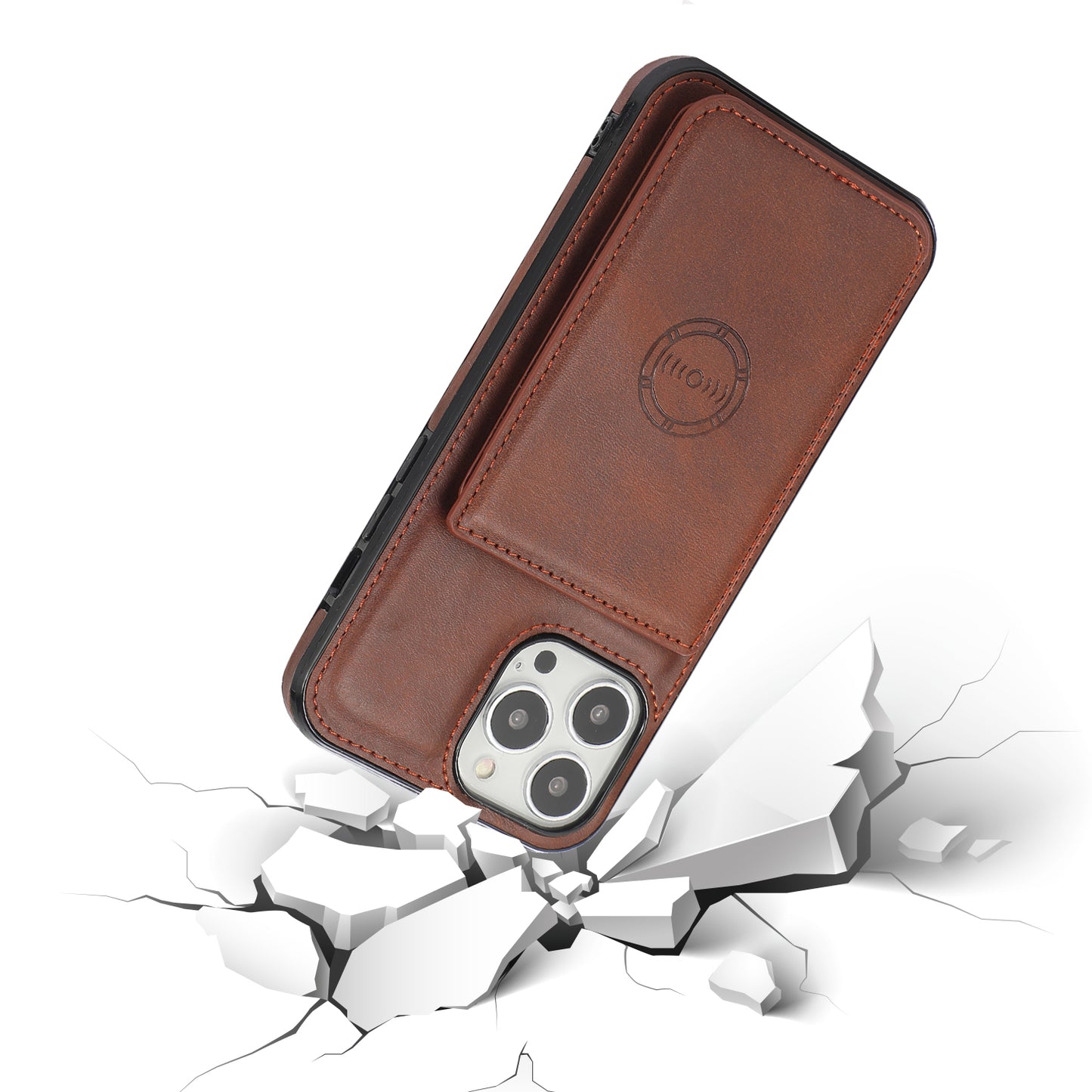 Anti-drop Card Holders PU Leather Coated PC TPU Hybrid Shell [Built-in Magnetic Metal Sheet] for iPhone 13 Pro 6.1 inch