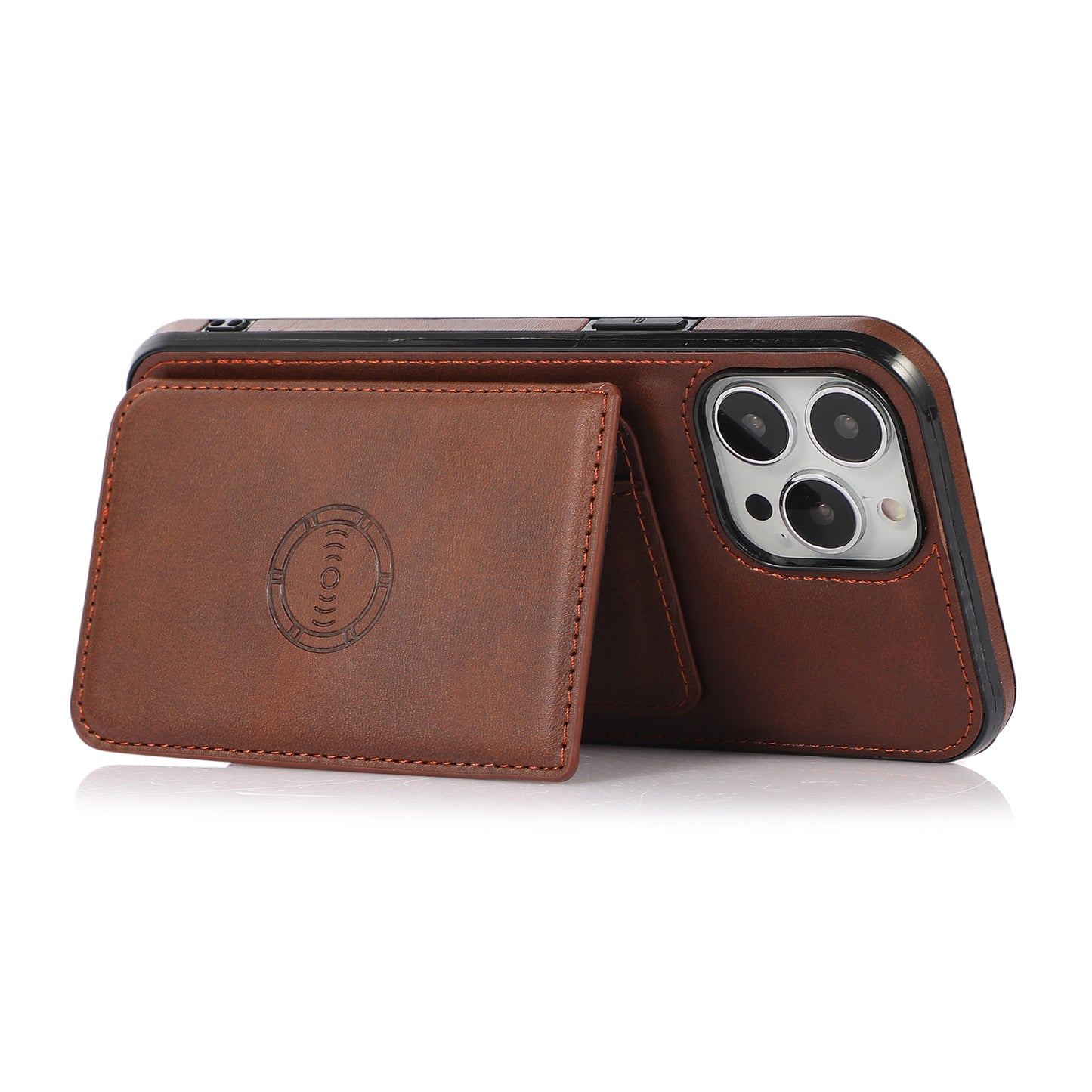 Anti-drop Card Holders PU Leather Coated PC TPU Hybrid Shell [Built-in Magnetic Metal Sheet] for iPhone 13 Pro 6.1 inch