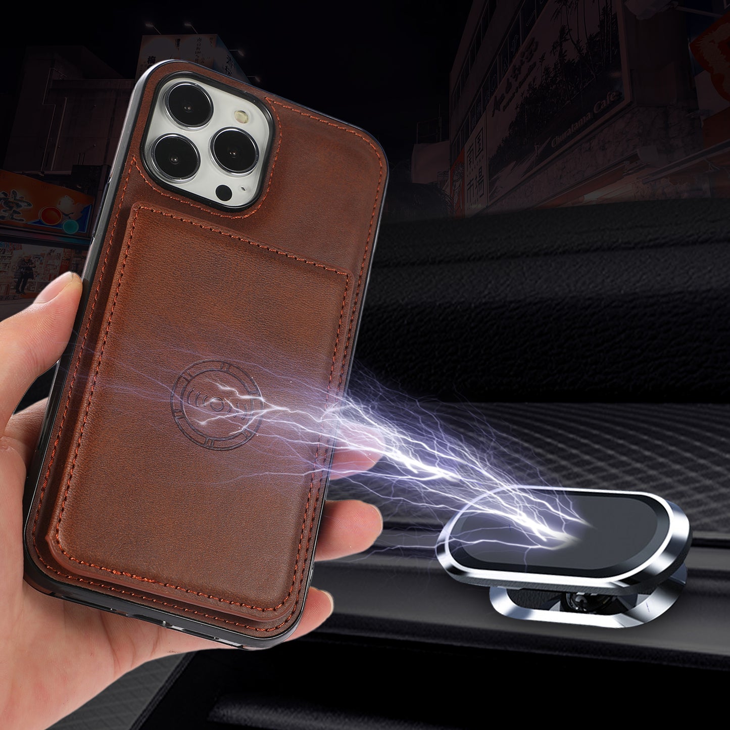 Anti-drop Card Holders PU Leather Coated PC TPU Hybrid Shell [Built-in Magnetic Metal Sheet] for iPhone 13 Pro 6.1 inch