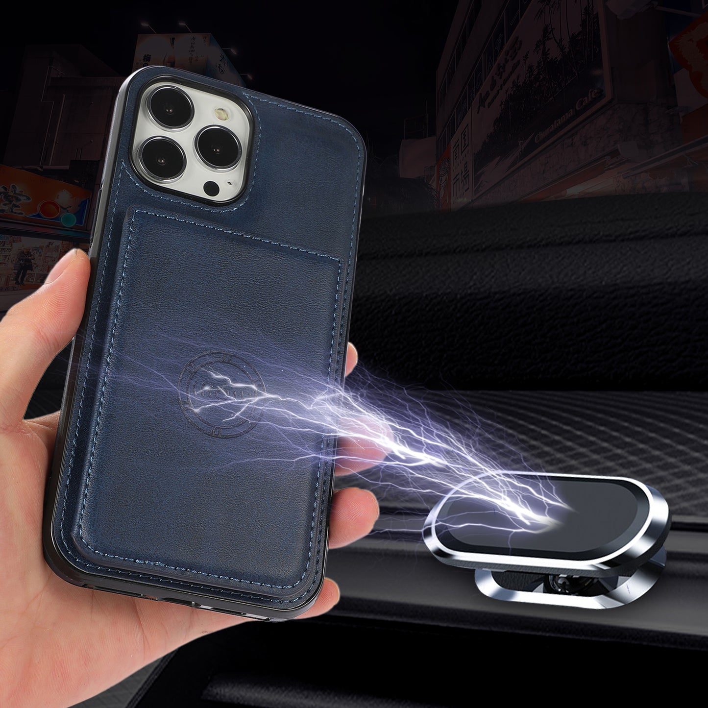 Anti-drop Card Holders PU Leather Coated PC TPU Hybrid Shell [Built-in Magnetic Metal Sheet] for iPhone 13 Pro 6.1 inch