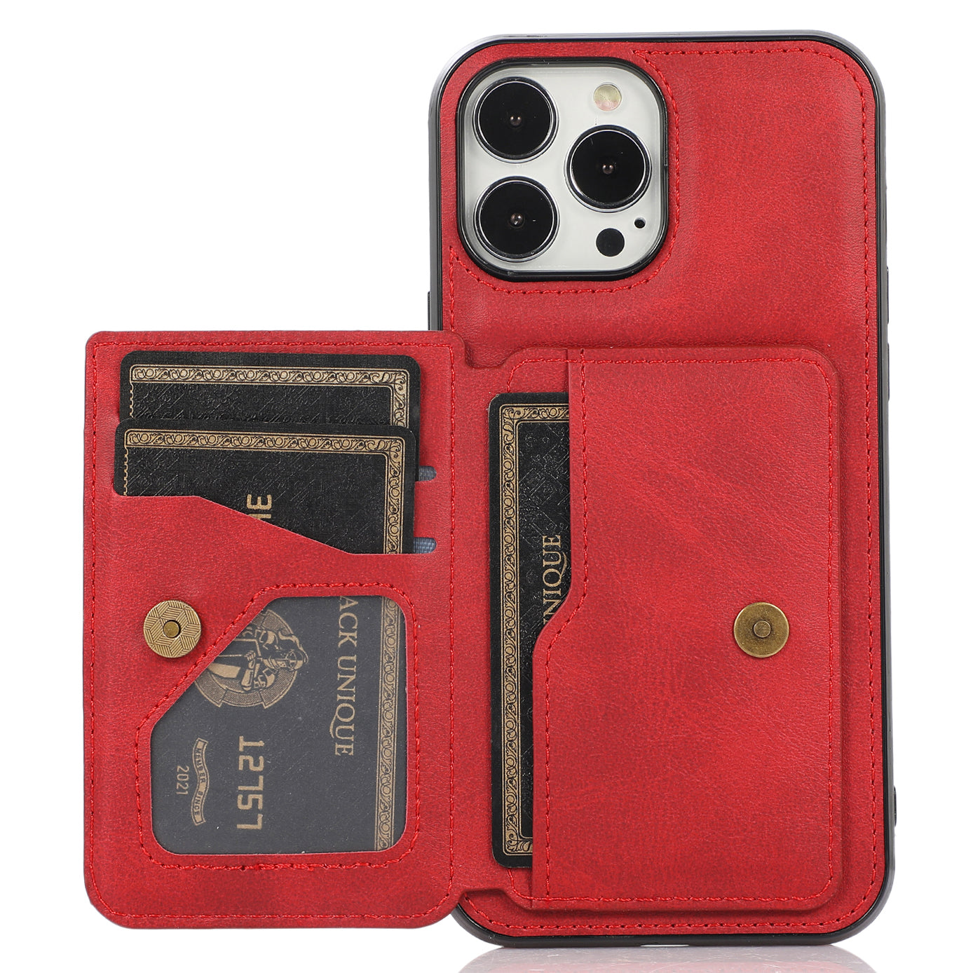 Well-protected Card Holders PU Leather Coated PC TPU Hybrid Shell [Built-in Magnetic Metal Sheet] for iPhone 13 Pro Max 6.7 inch